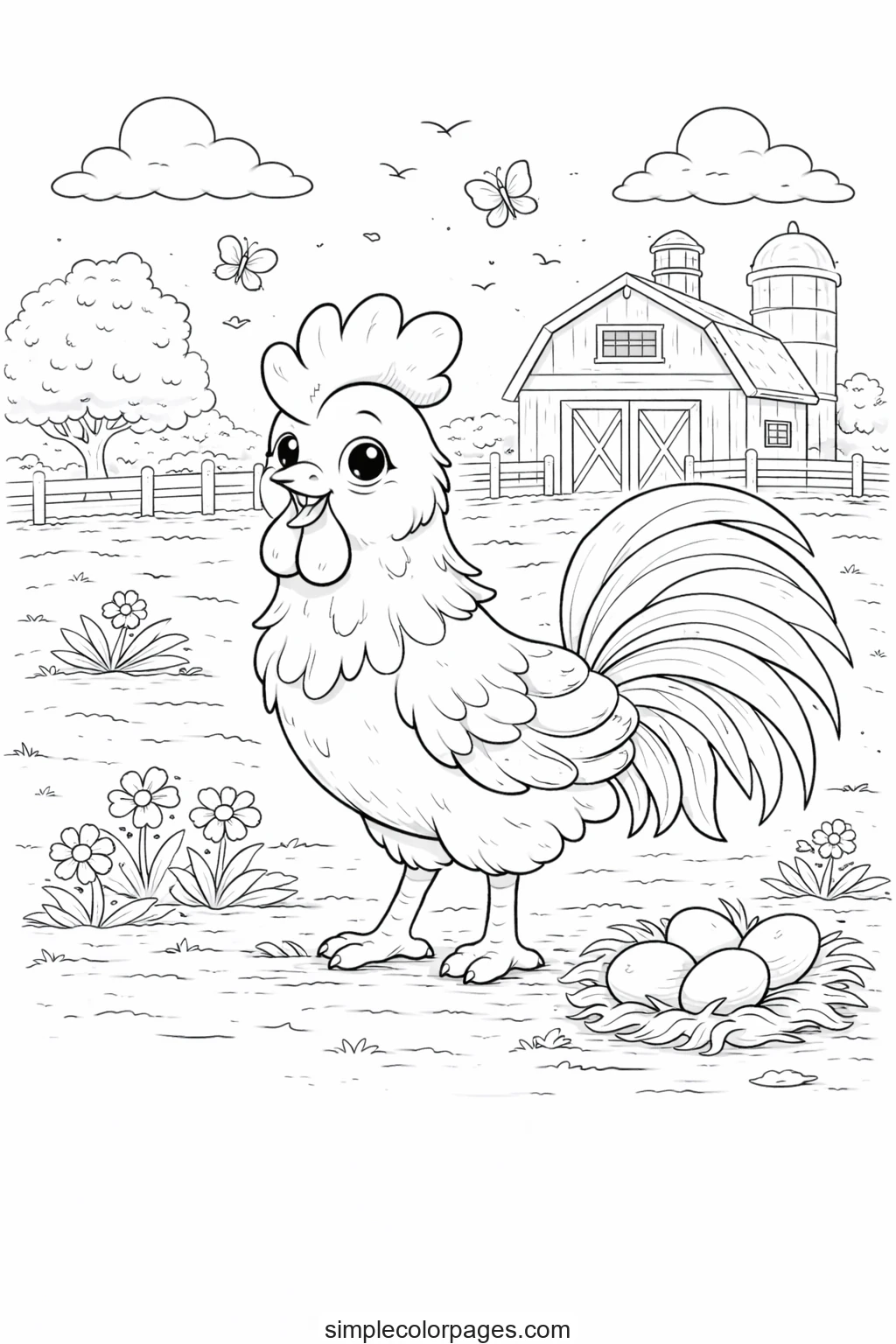 Preview of Rooster on Farm Coloring Page