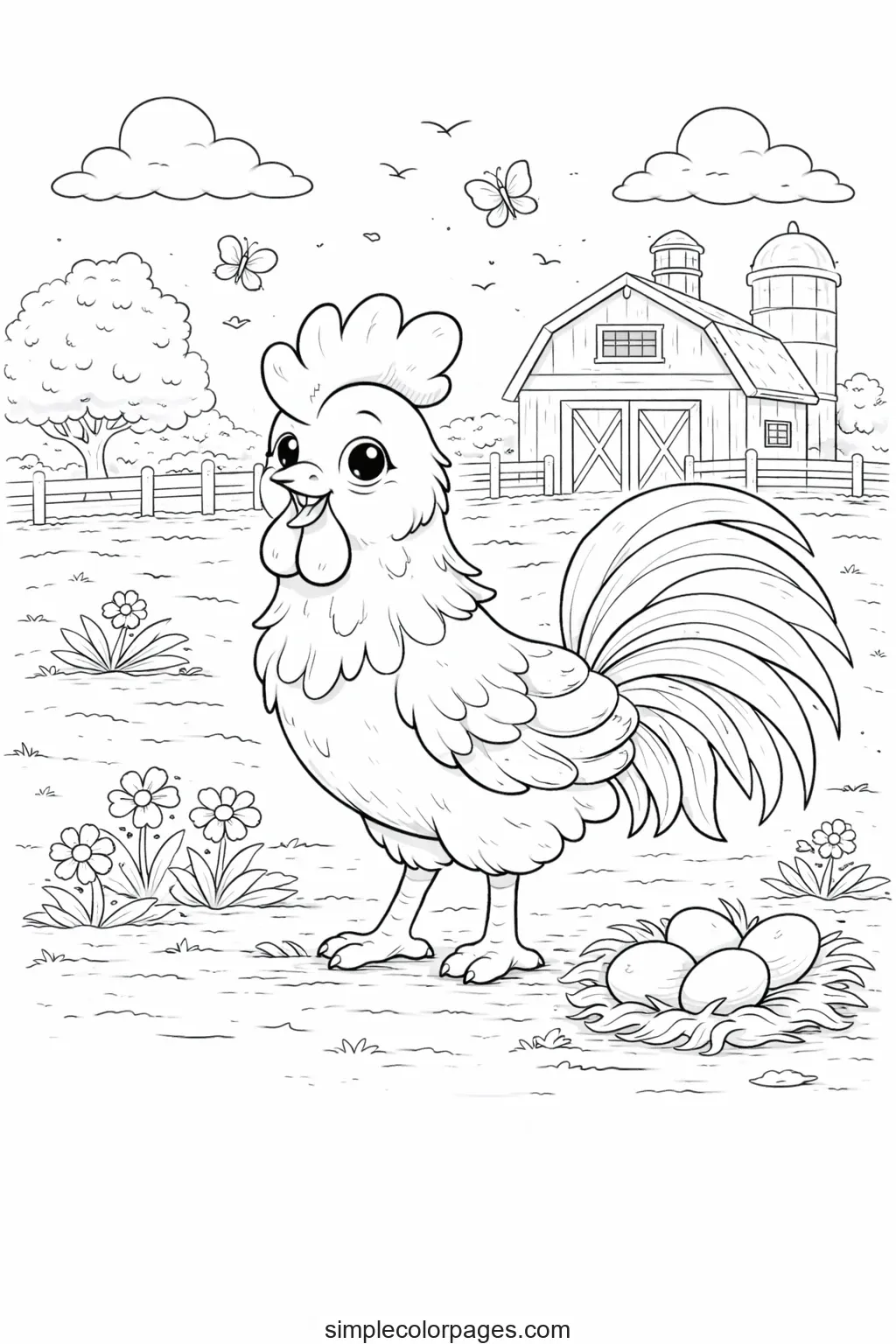 Preview of Rooster on Farm Coloring Page