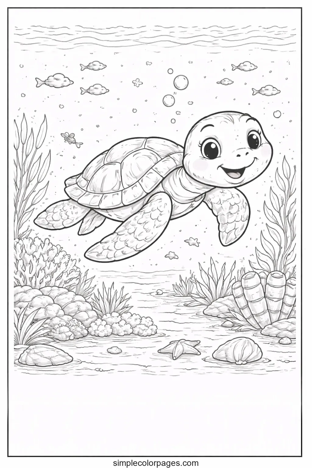 Preview of Turtle Swimming Coloring Page