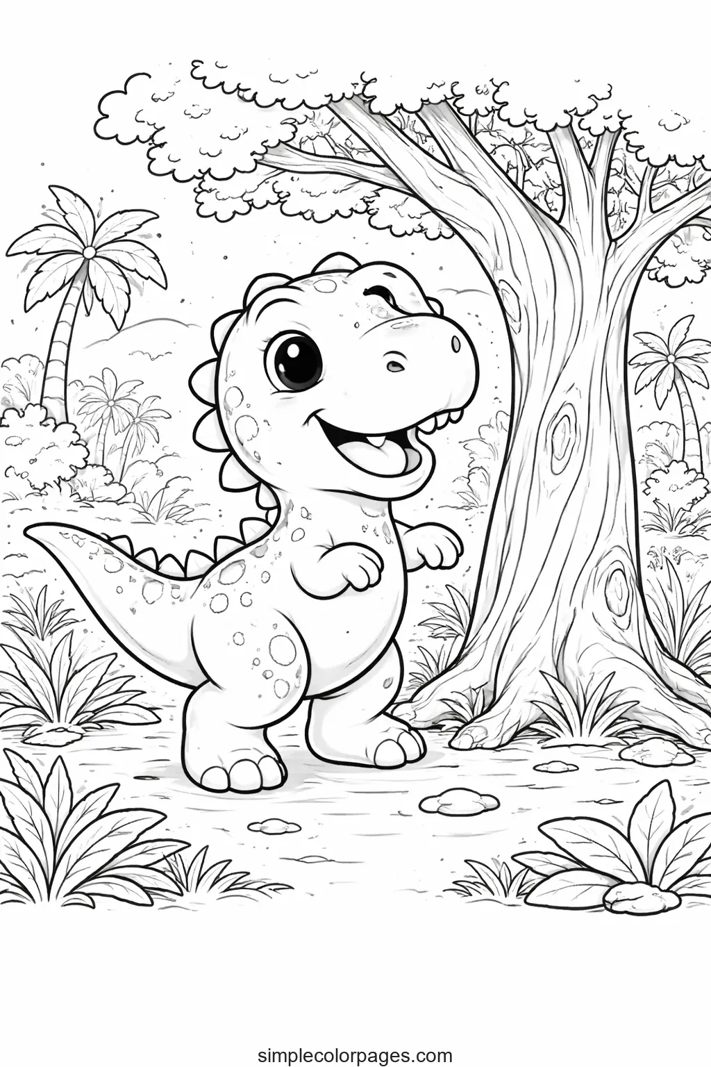 Preview of Dinosaur Near Tree Coloring Page