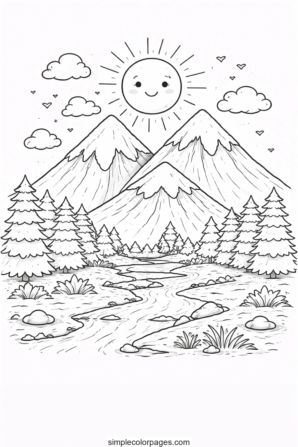 Preview of Nature Mountain and Sun Coloring Page