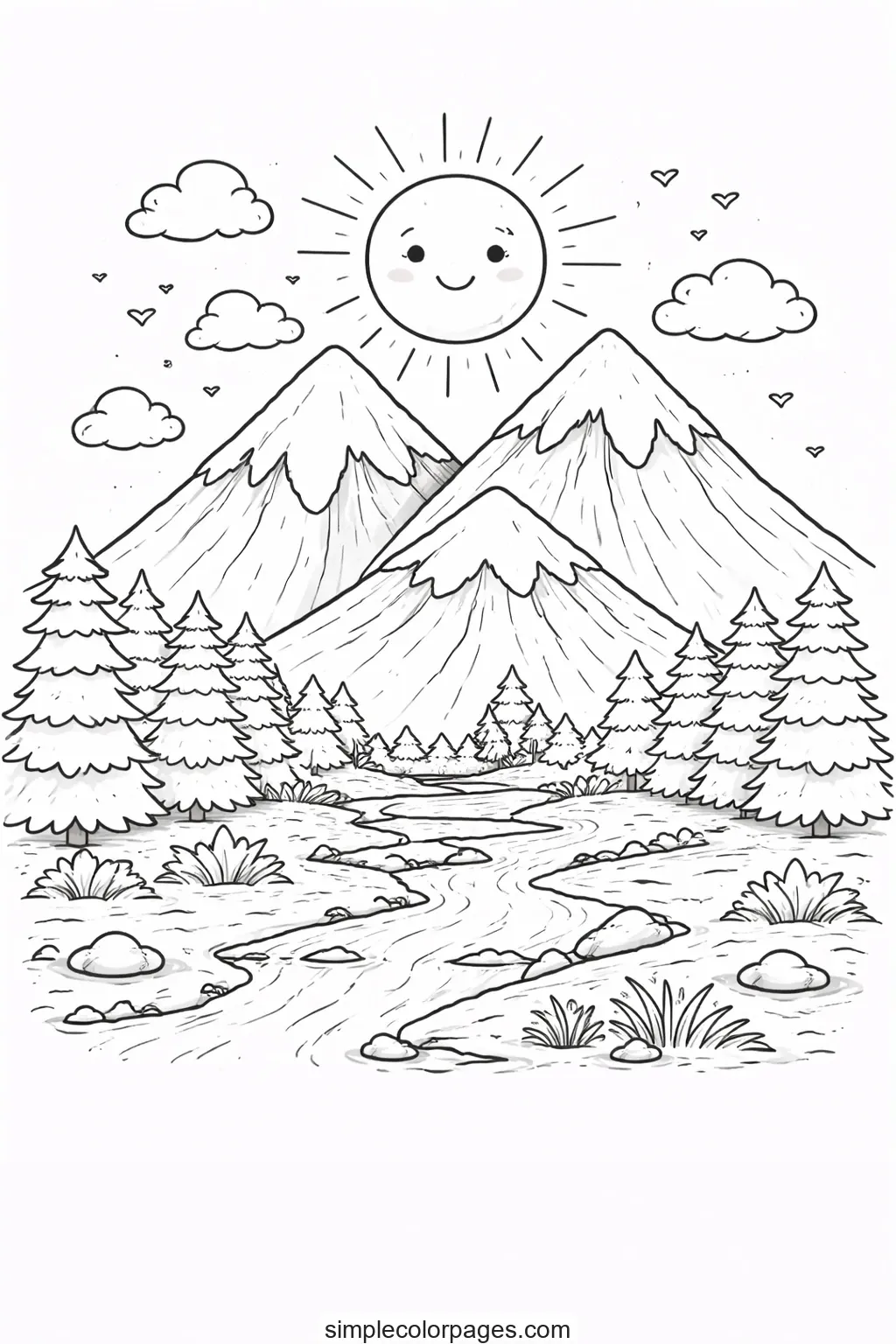 Preview of Nature Mountain and Sun Coloring Page