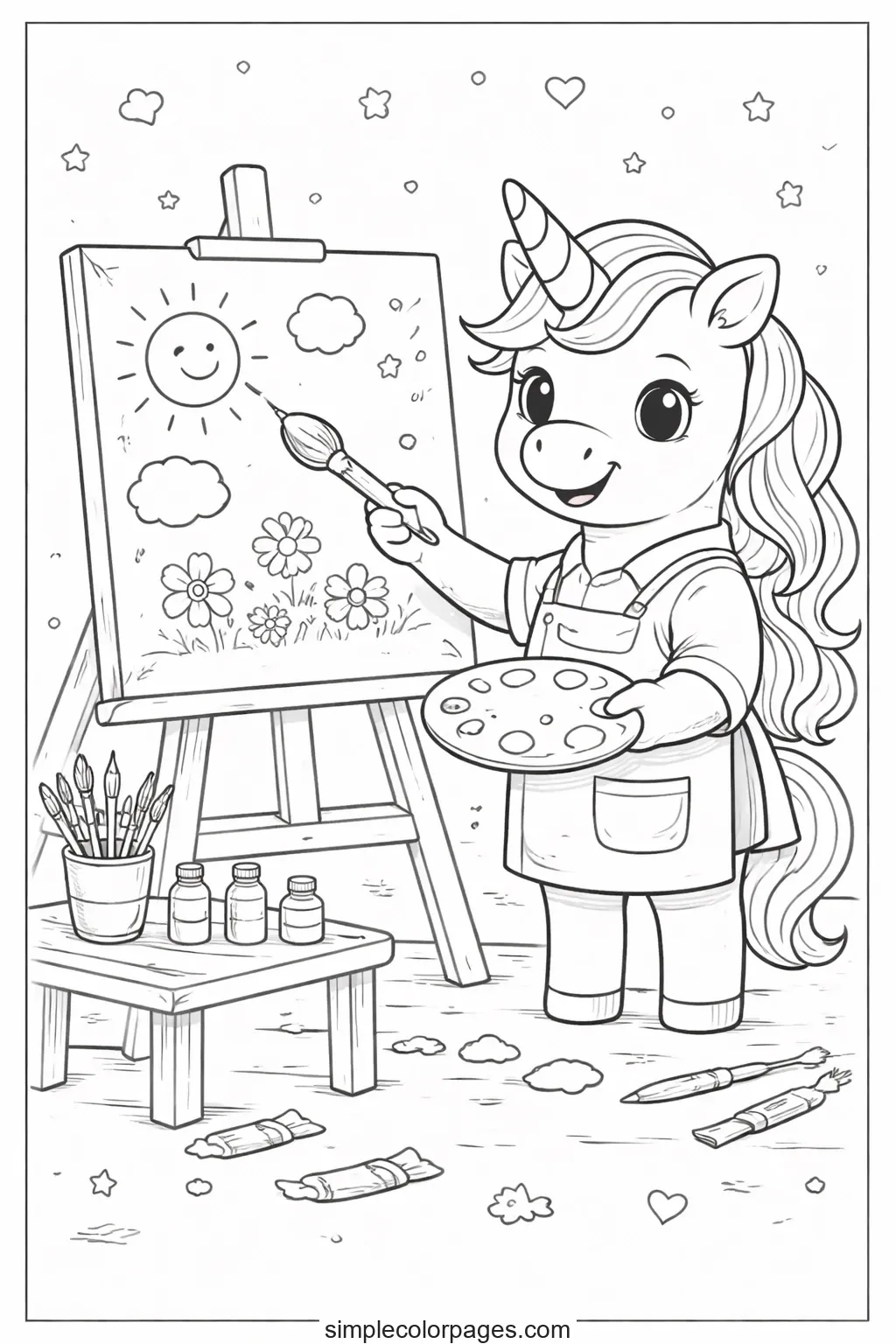 Preview of Unicorn Artist Painting Coloring Page