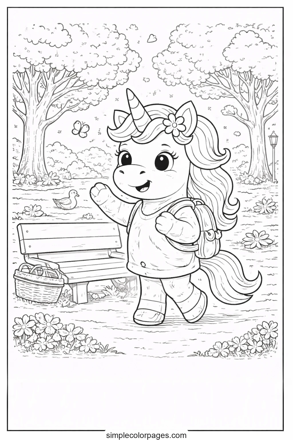 Preview of Unicorn at Park Coloring Page