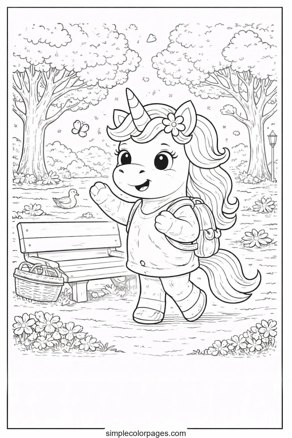 Preview of Unicorn at Park Coloring Page
