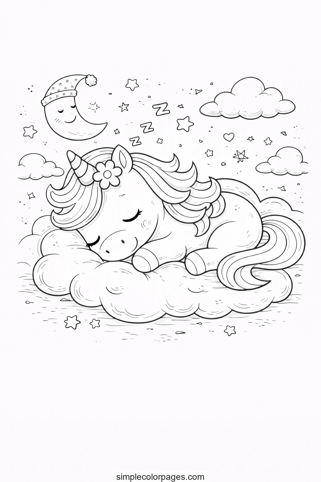 Preview of Baby Unicorn Sleeping Coloring Page