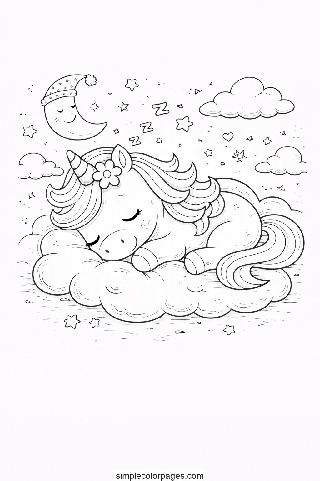 Preview of Baby Unicorn Sleeping Coloring Page