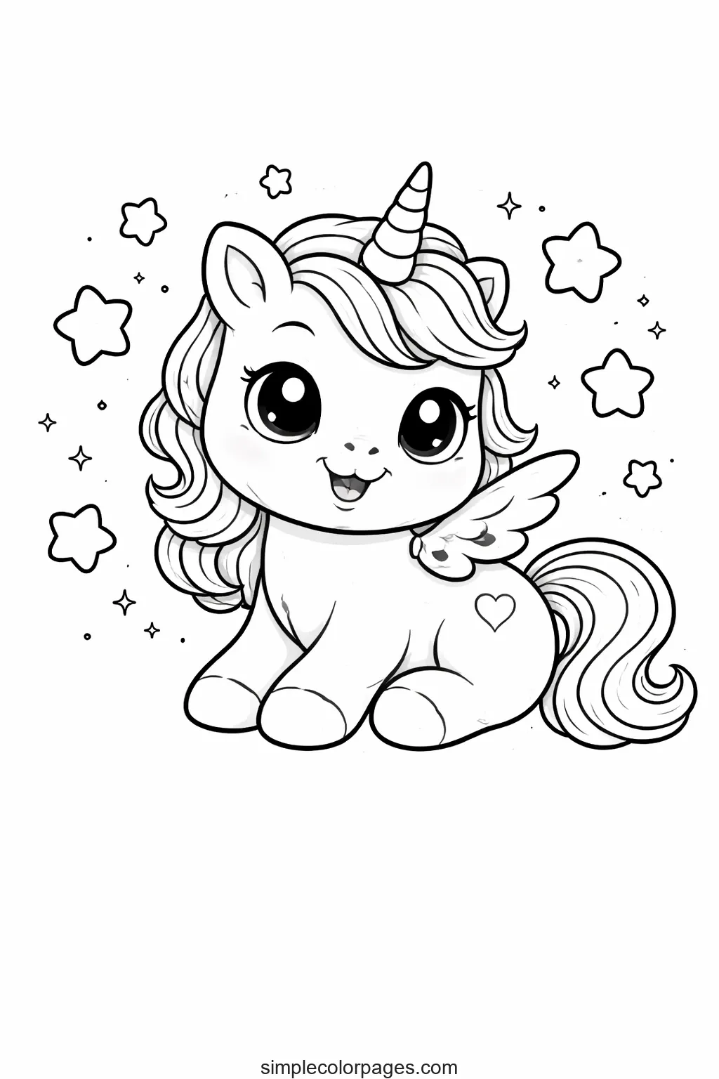 Preview of Baby Unicorn with Stars Coloring Page