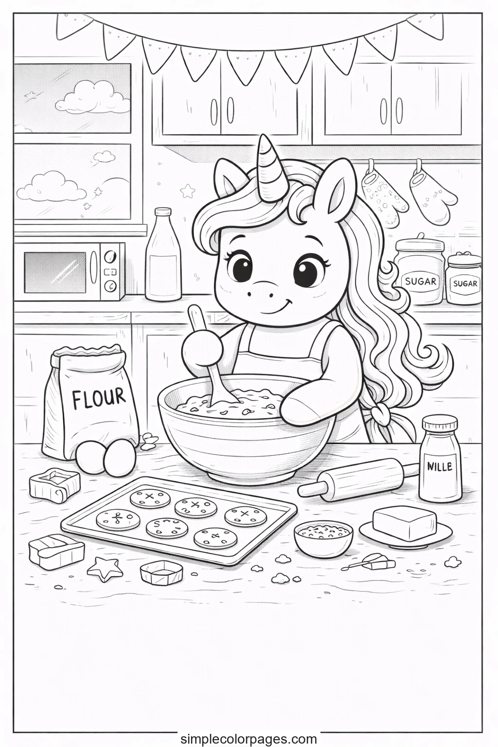 Preview of Unicorn Baking Cookies Coloring Page