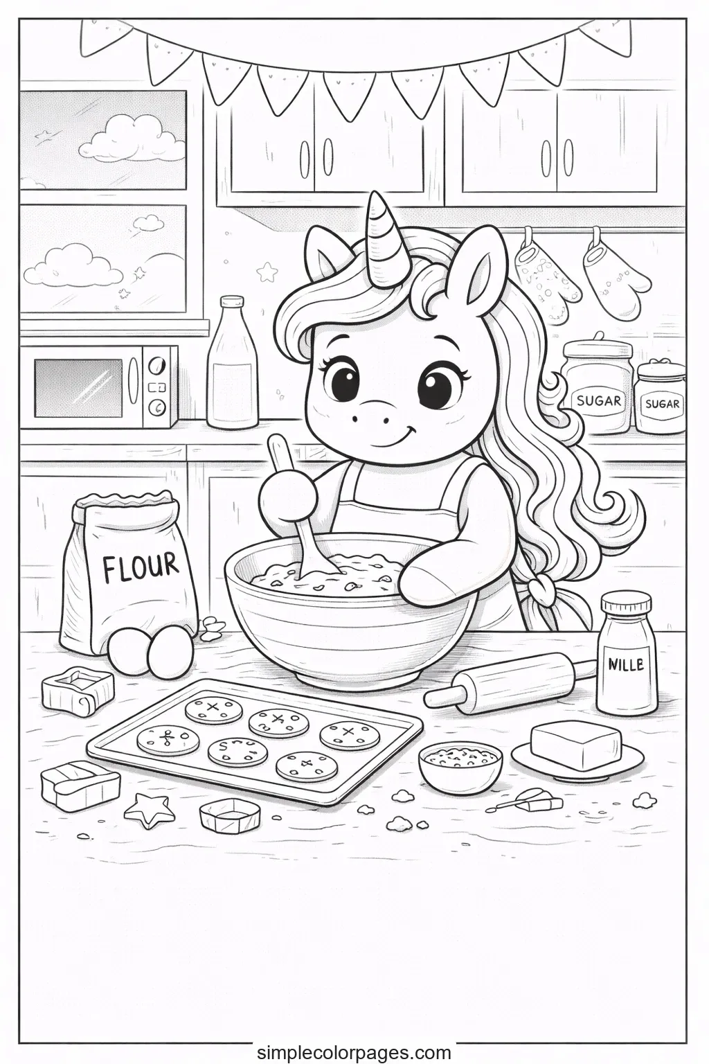 Preview of Unicorn Baking Cookies Coloring Page