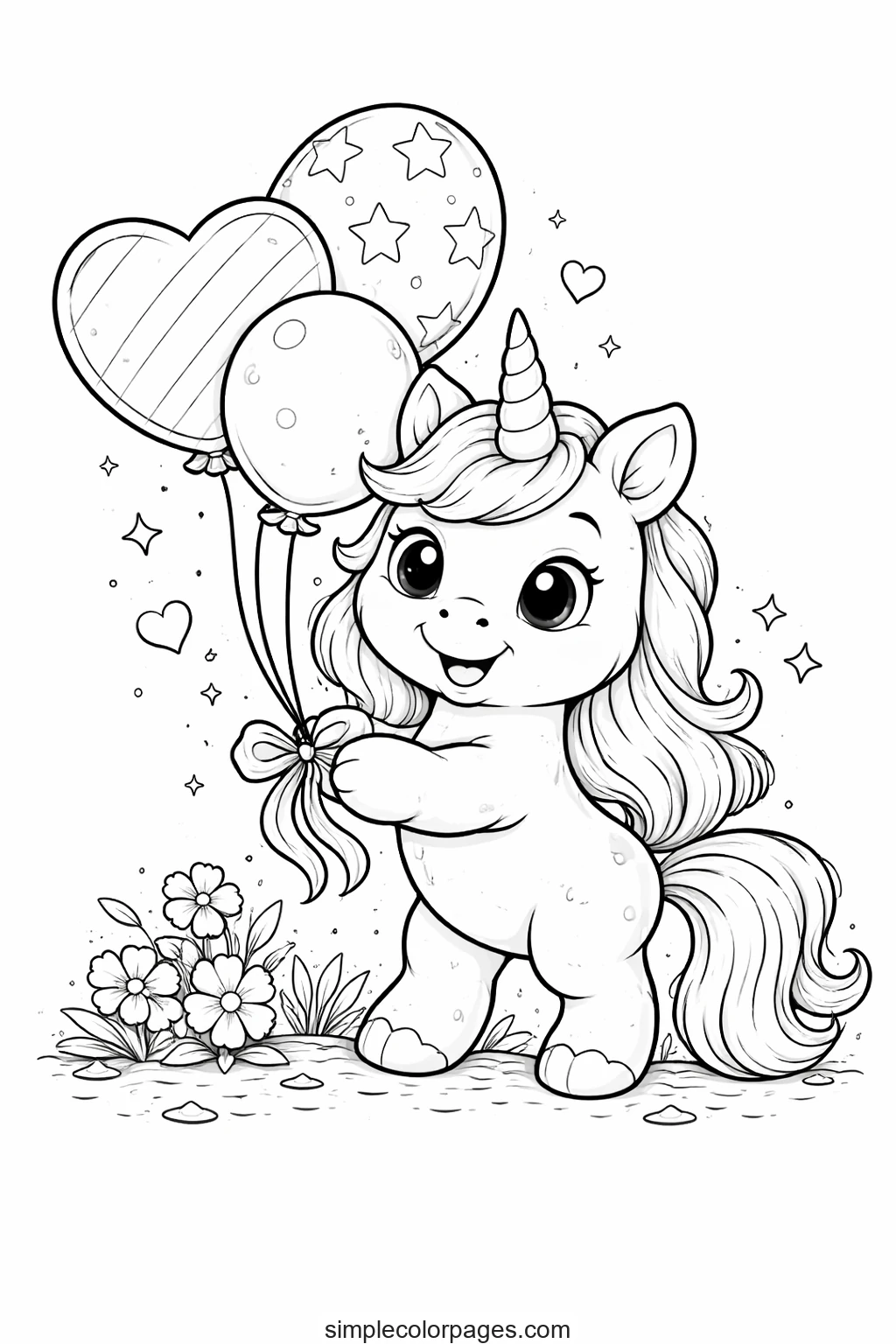 Preview of Unicorn with Balloons Coloring Page