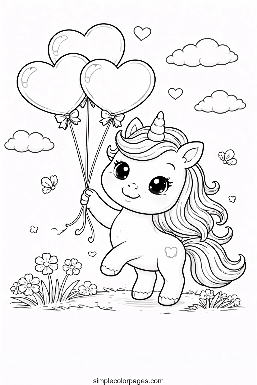 Preview of Unicorn with Heart Balloons Coloring Page