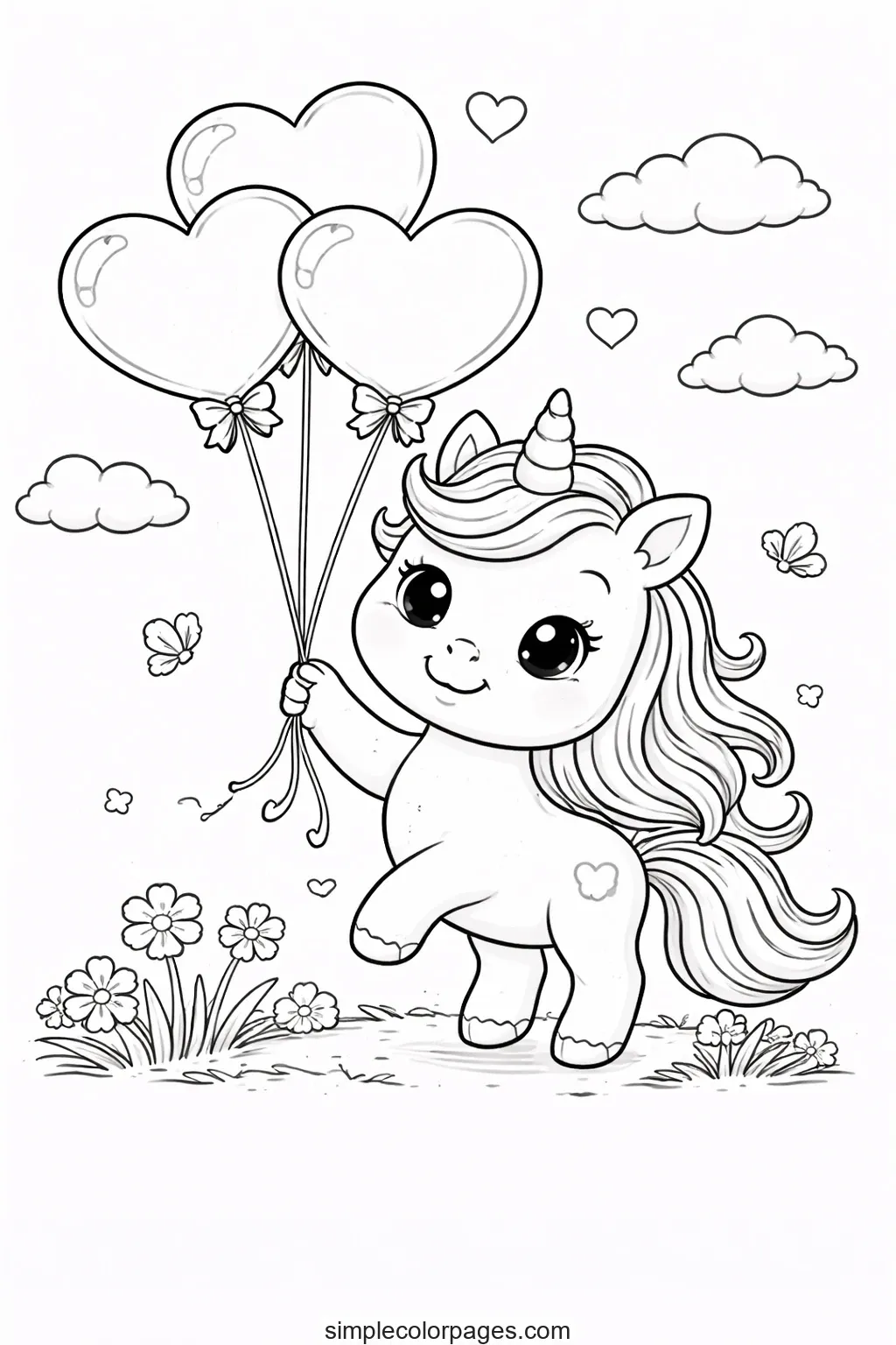 Preview of Unicorn with Heart Balloons Coloring Page