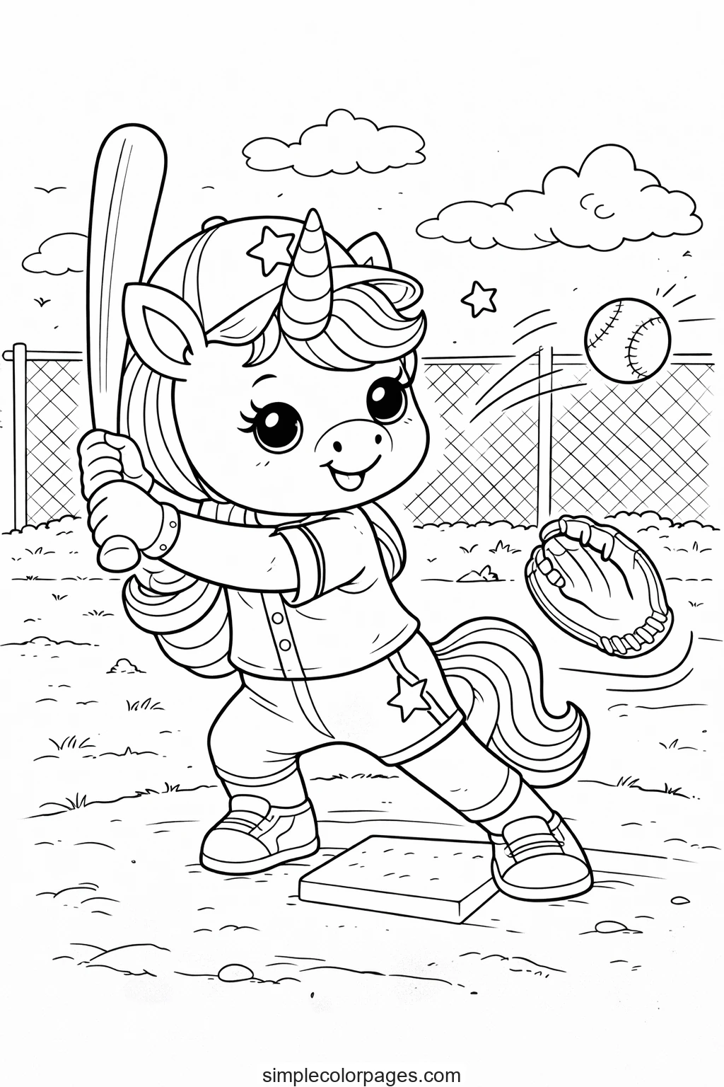 Preview of Unicorn Playing Baseball Coloring Page