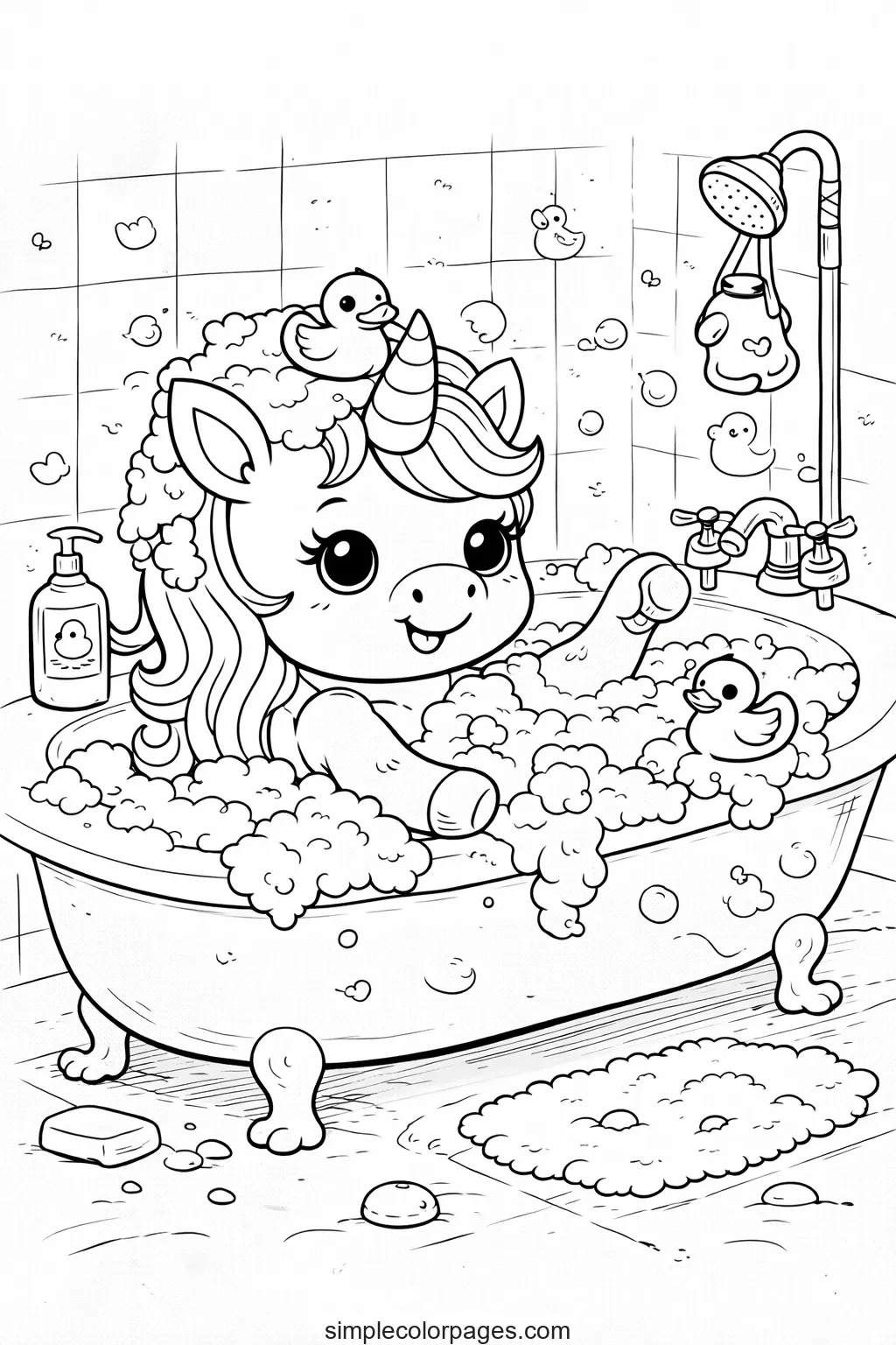 Preview of Unicorn Bath Time Coloring Page