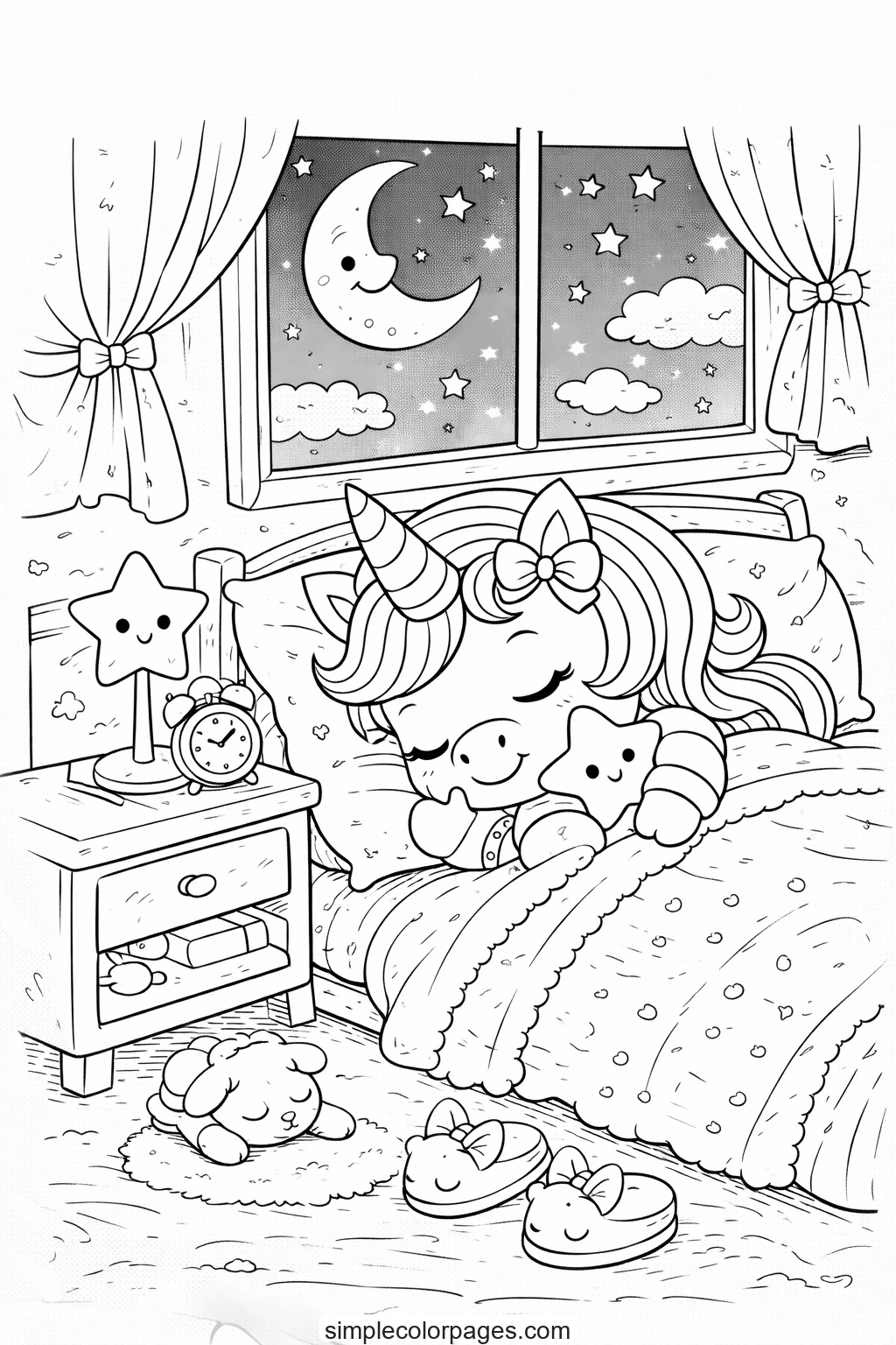 Preview of Unicorn Bedtime Moon Coloring Page