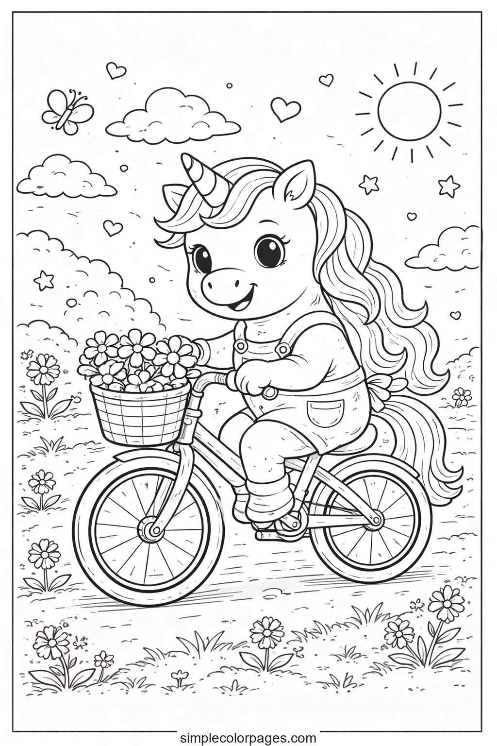 Preview of Unicorn Riding Bicycle Coloring Page