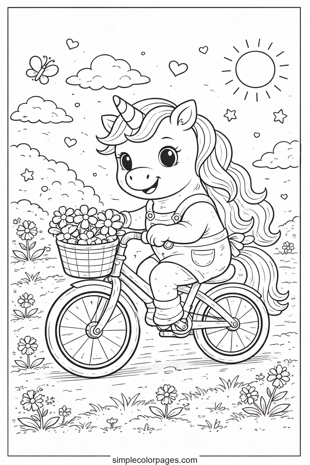 Preview of Unicorn Riding Bicycle Coloring Page