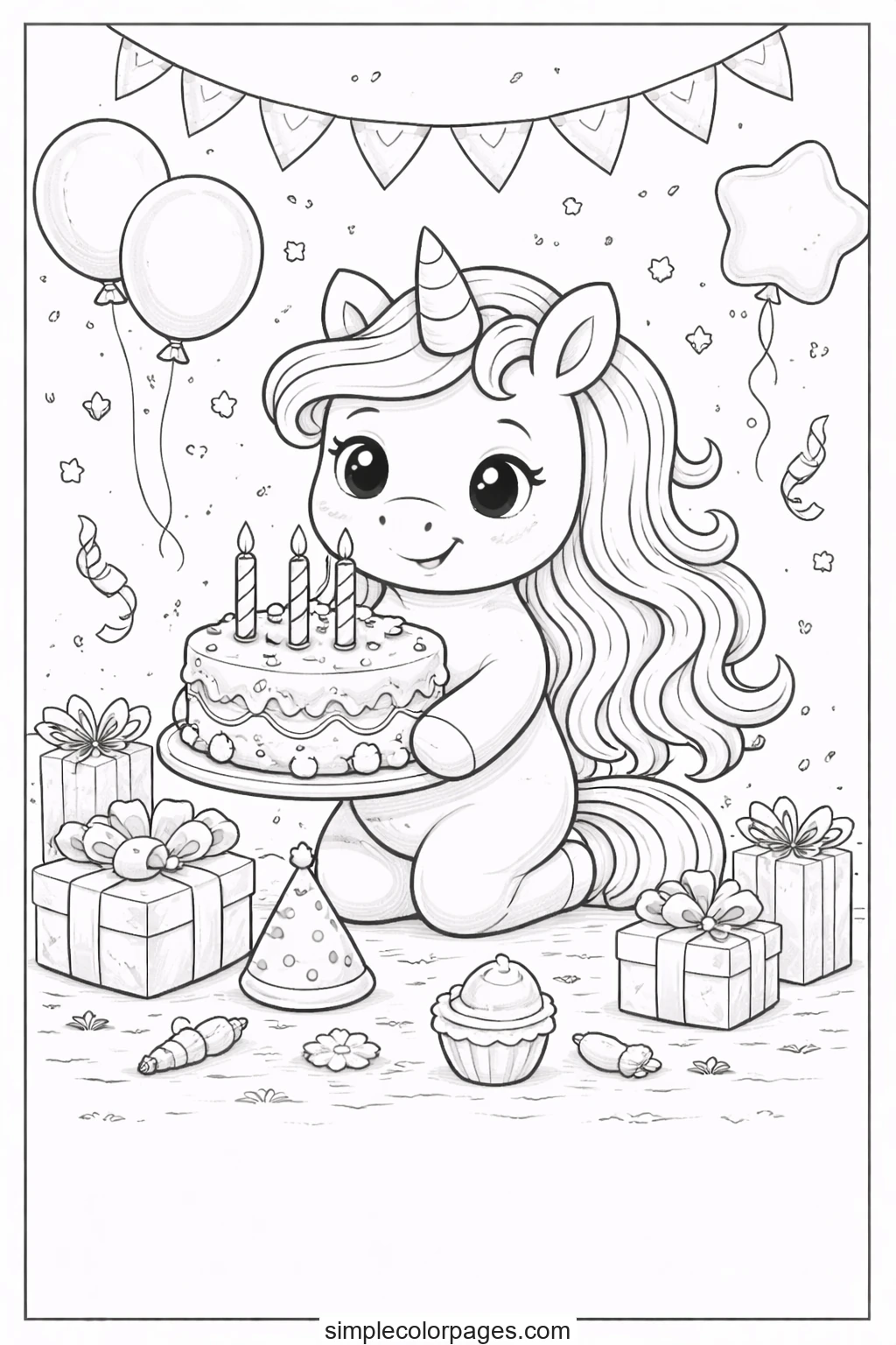 Preview of Unicorn Birthday Cake Coloring Page