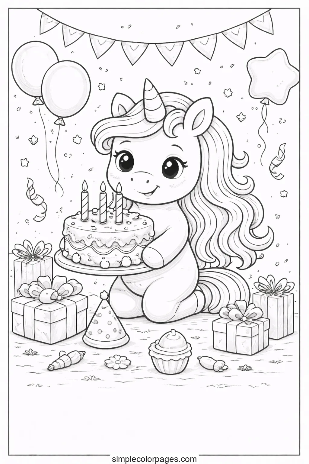 Preview of Unicorn Birthday Cake Coloring Page