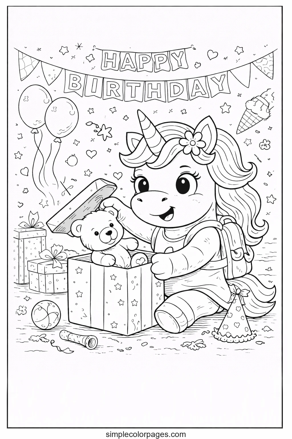 Preview of Unicorn Birthday Gifts Coloring Page