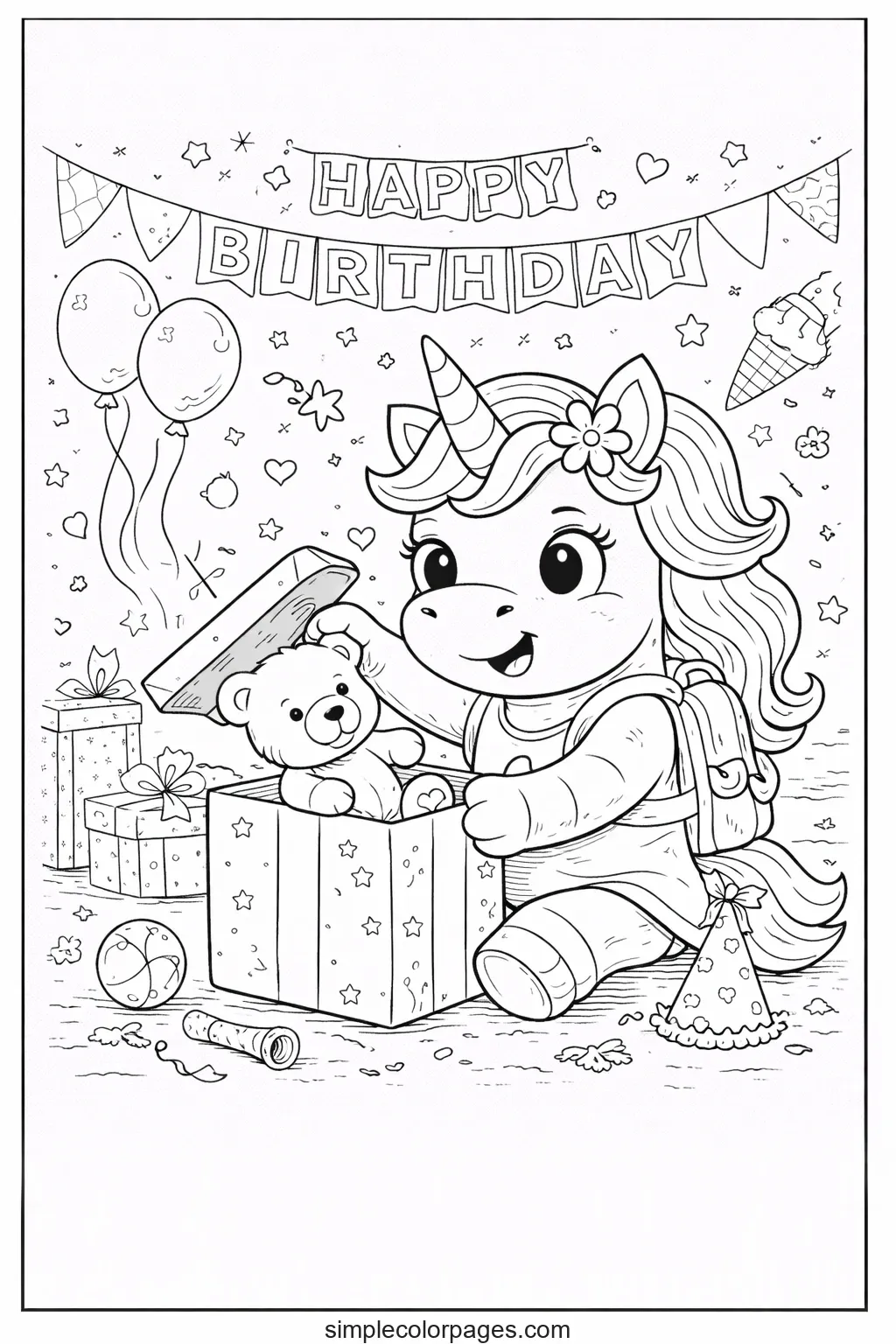 Preview of Unicorn Birthday Gifts Coloring Page