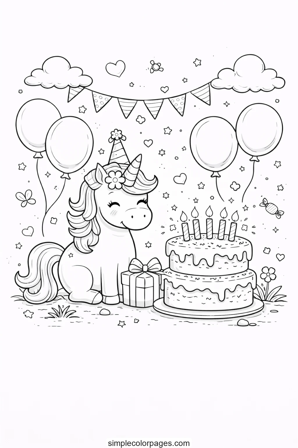 Preview of Unicorn Birthday Party Coloring Page