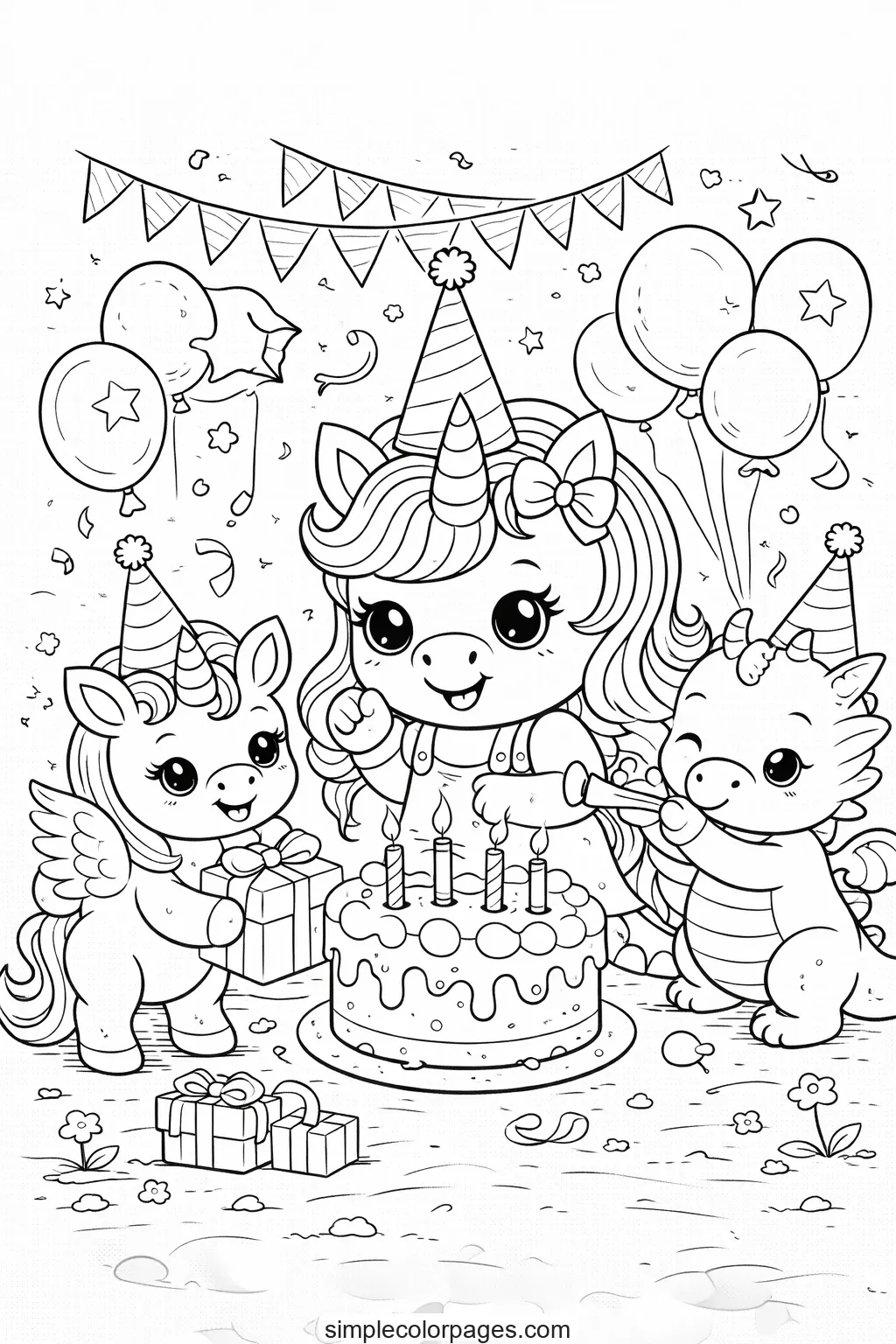 Preview of Unicorn Birthday Party Coloring Page