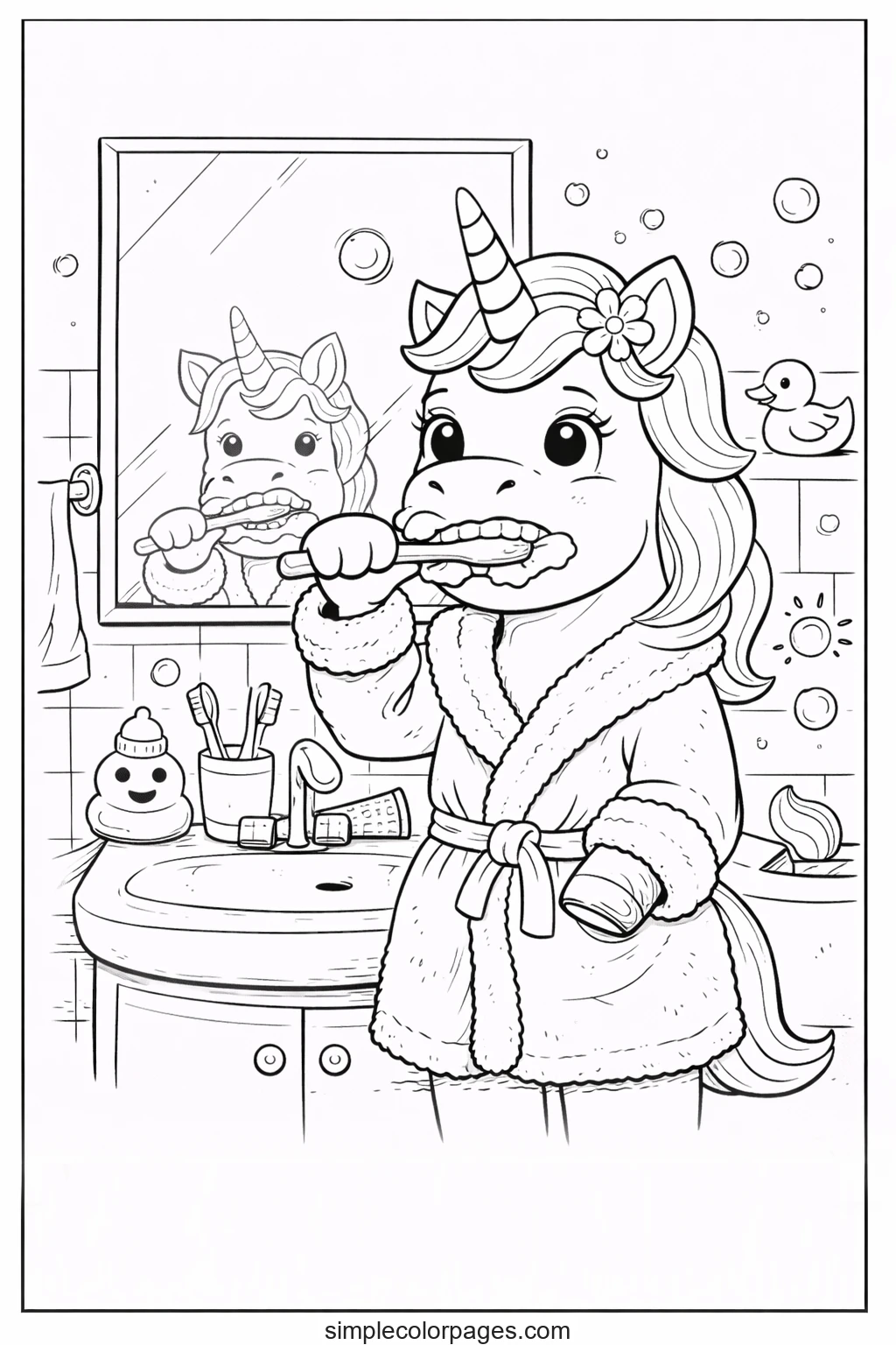 Preview of Unicorn Brushing Teeth Coloring Page