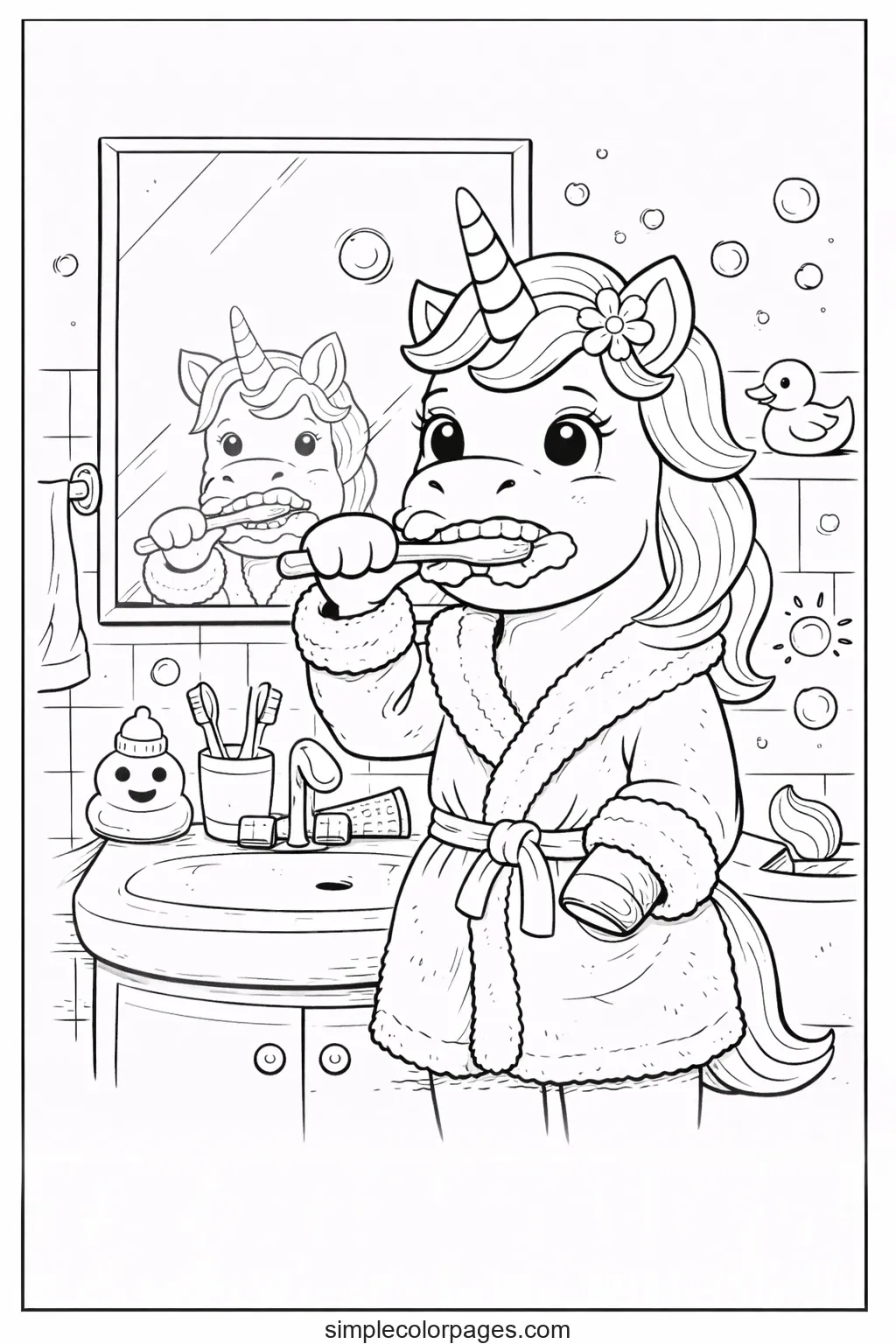 Preview of Unicorn Brushing Teeth Coloring Page