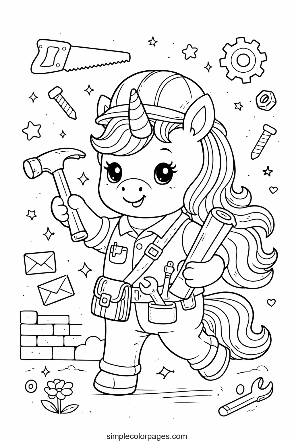 Preview of Unicorn Builder Coloring Page