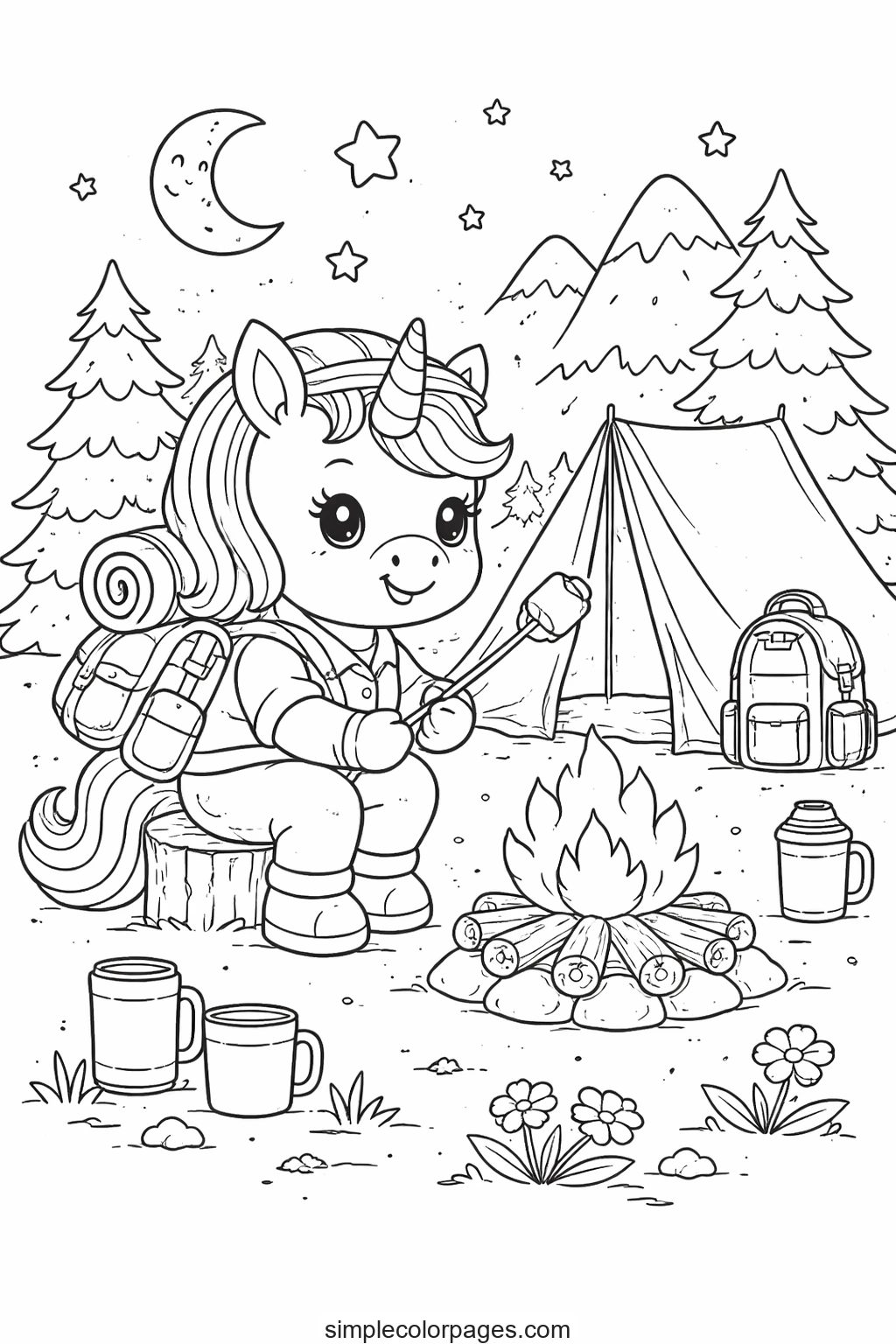 Preview of Unicorn Camping Coloring Page