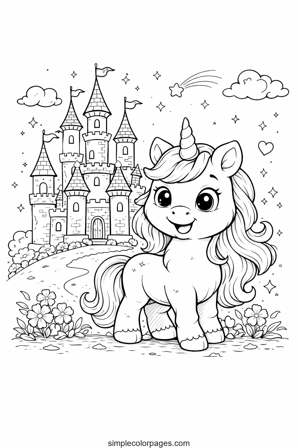 Preview of Unicorn Near Castle Coloring Page