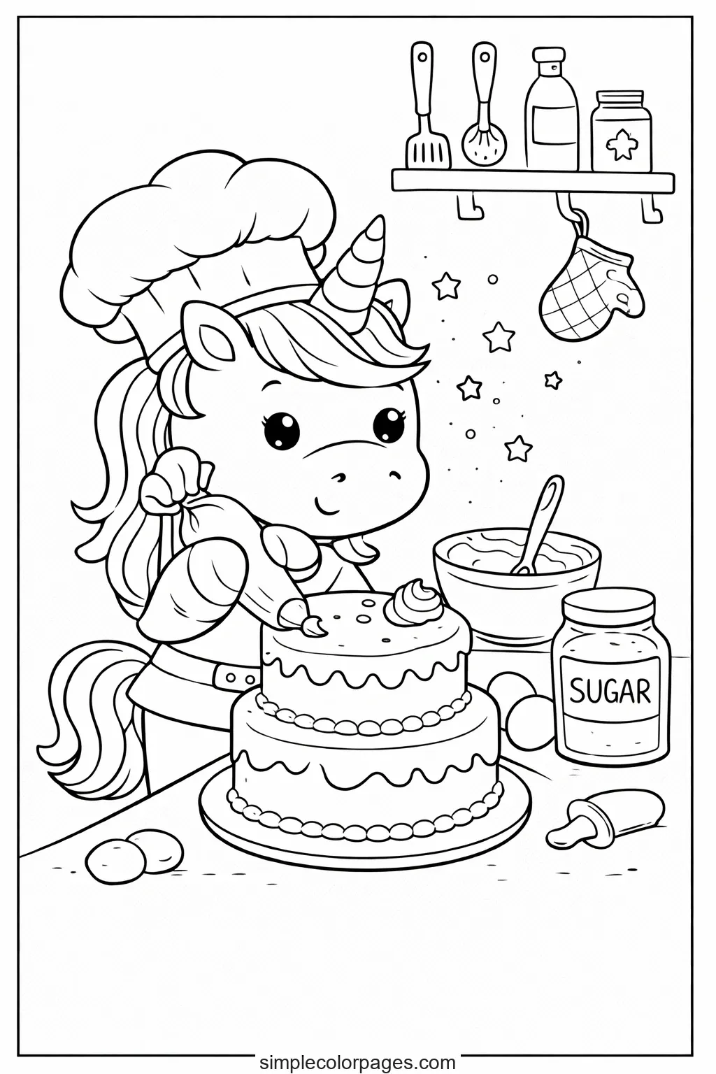 Preview of Unicorn Chef Baking Cake Coloring Page
