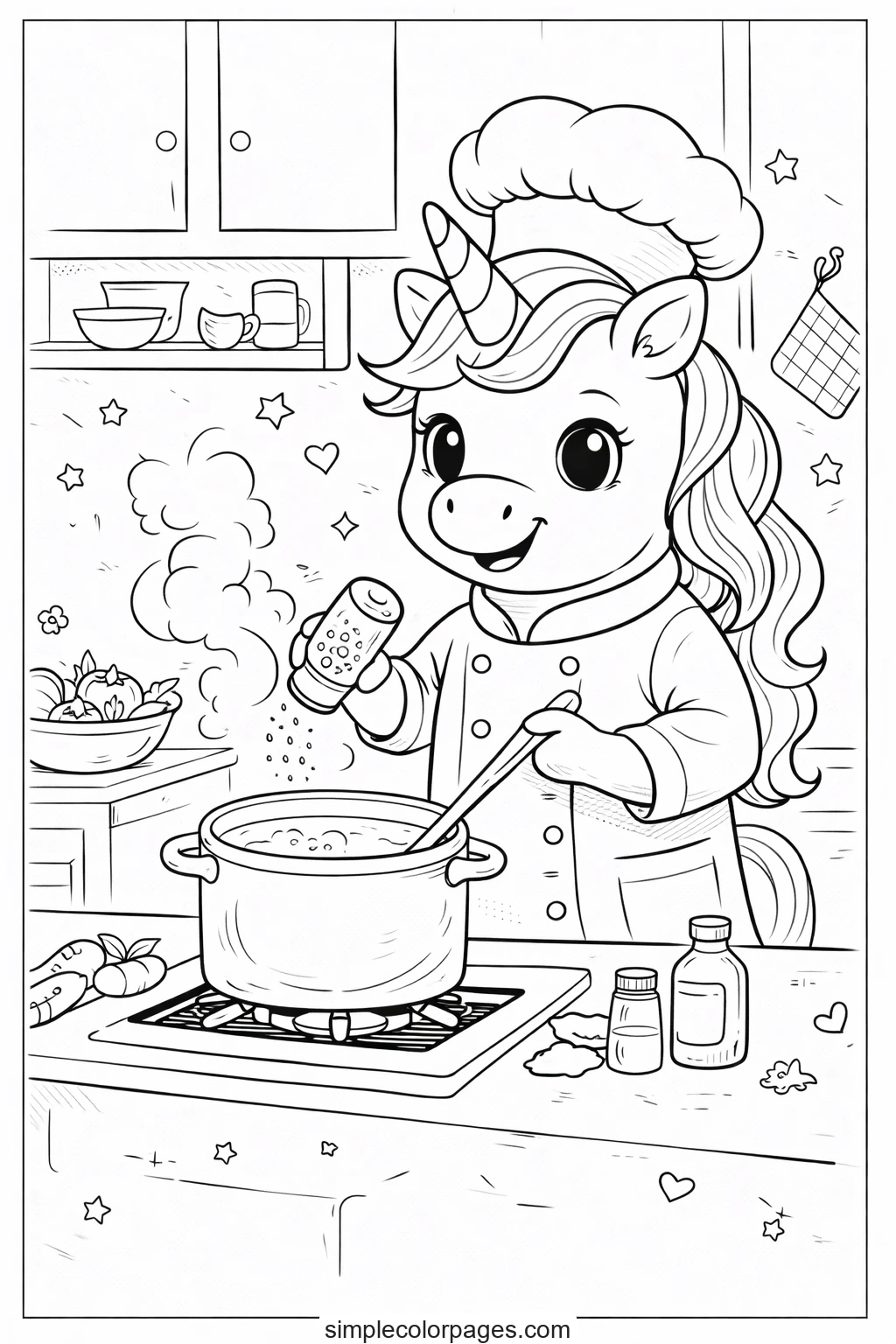 Preview of Unicorn Chef in Kitchen Coloring Page