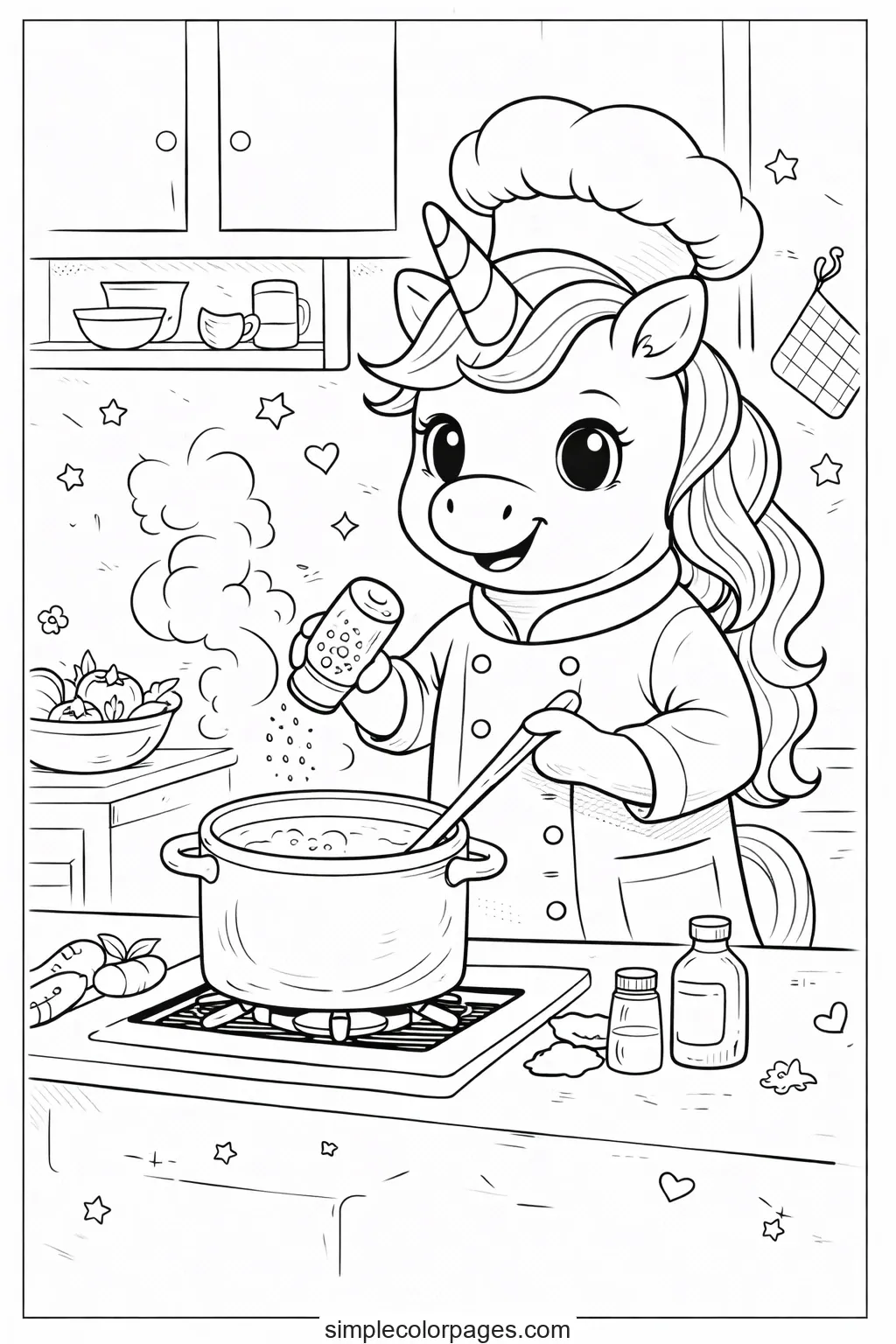 Preview of Unicorn Chef in Kitchen Coloring Page