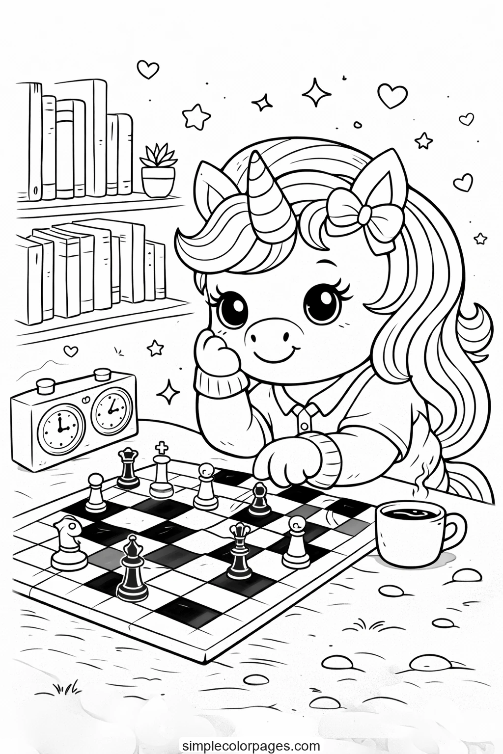 Preview of Unicorn Playing Chess Coloring Page