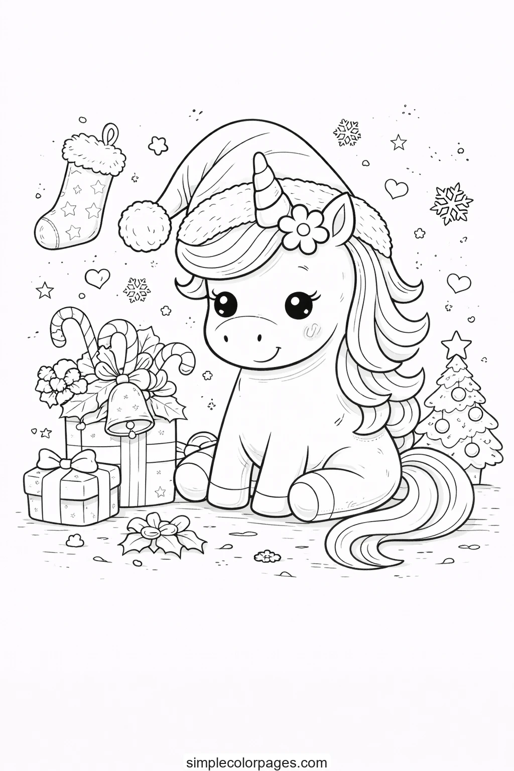Preview of Unicorn Christmas Hat Coloring Page