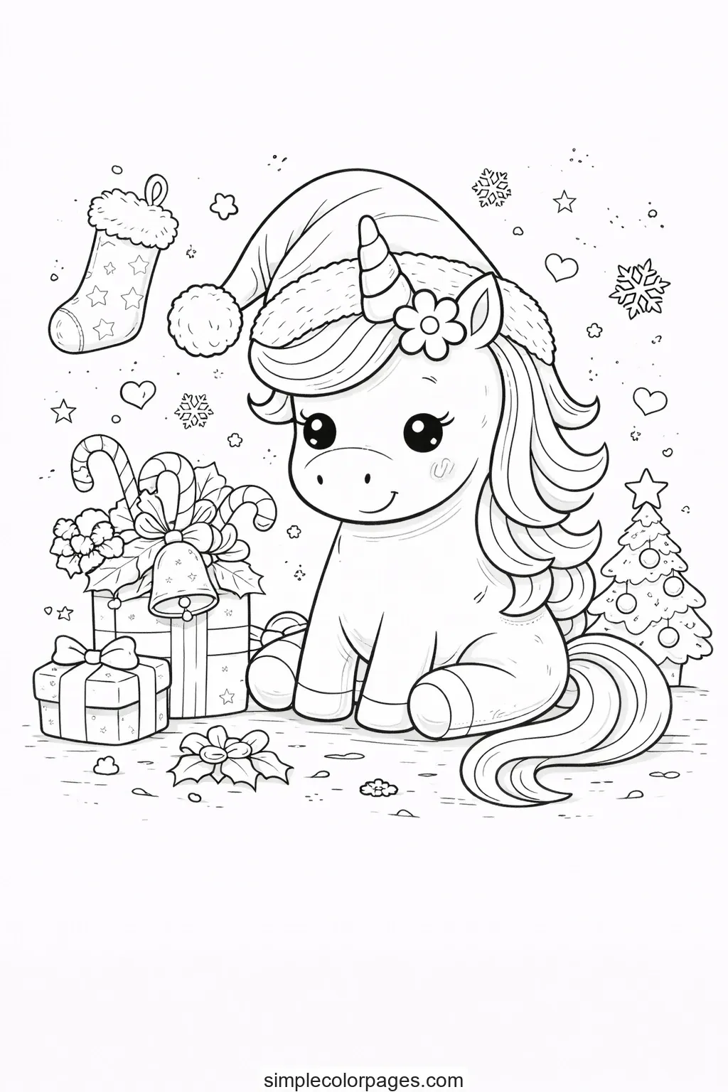Preview of Unicorn Christmas Hat Coloring Page