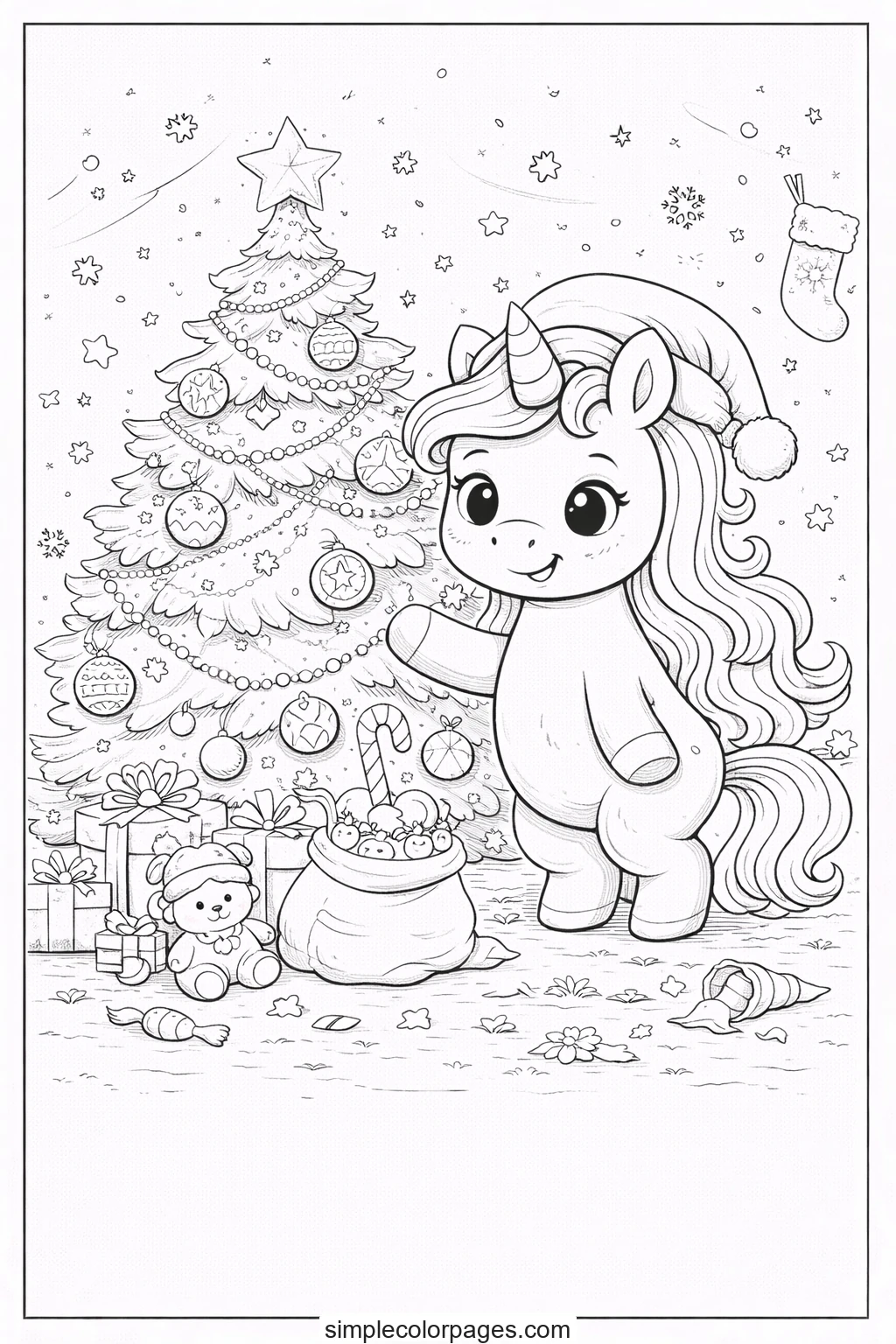 Preview of Unicorn Christmas Tree Coloring Page