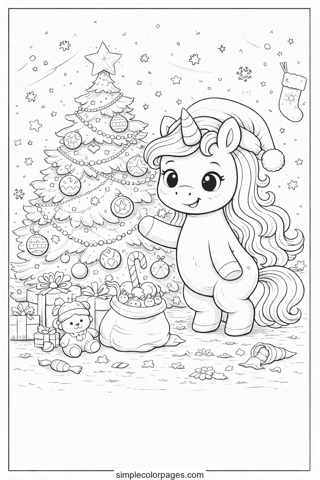 Preview of Unicorn Christmas Tree Coloring Page