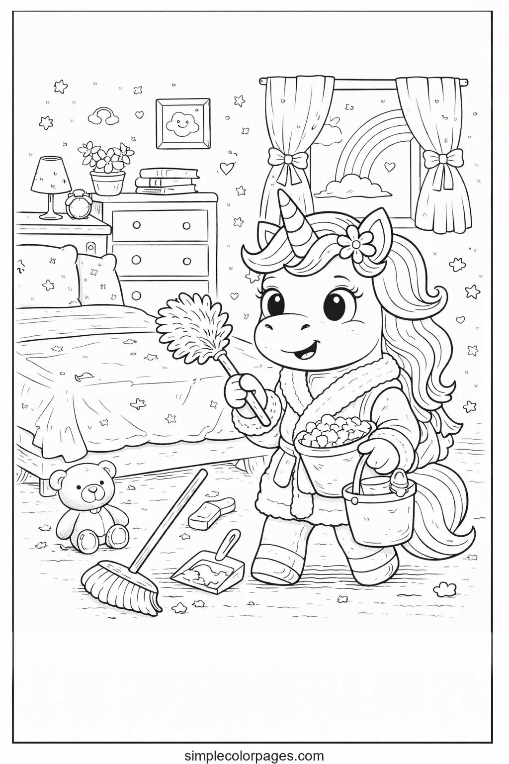 Preview of Unicorn Cleaning Room Coloring Page