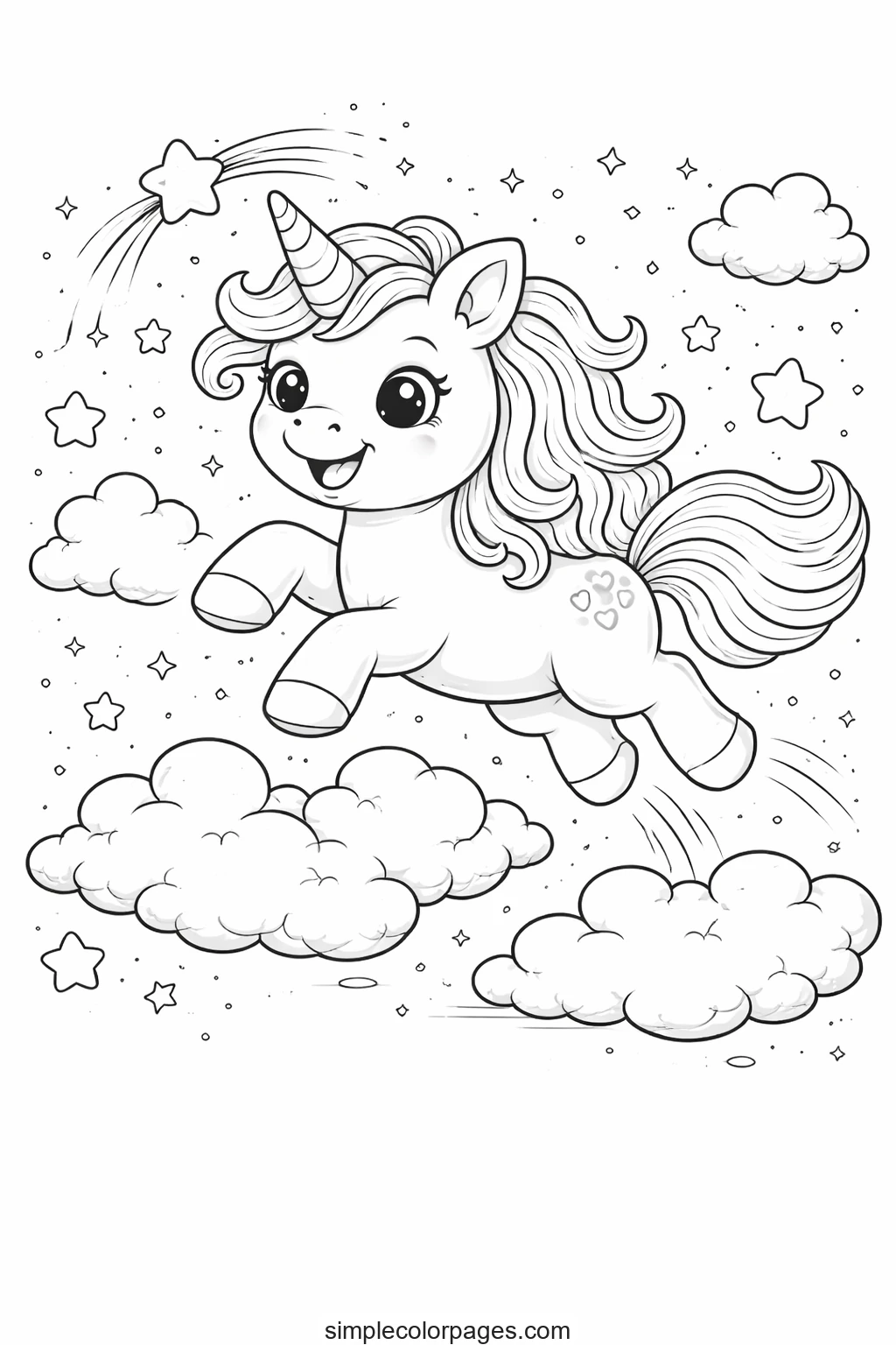 Preview of Unicorn Jumping on Clouds Coloring Page