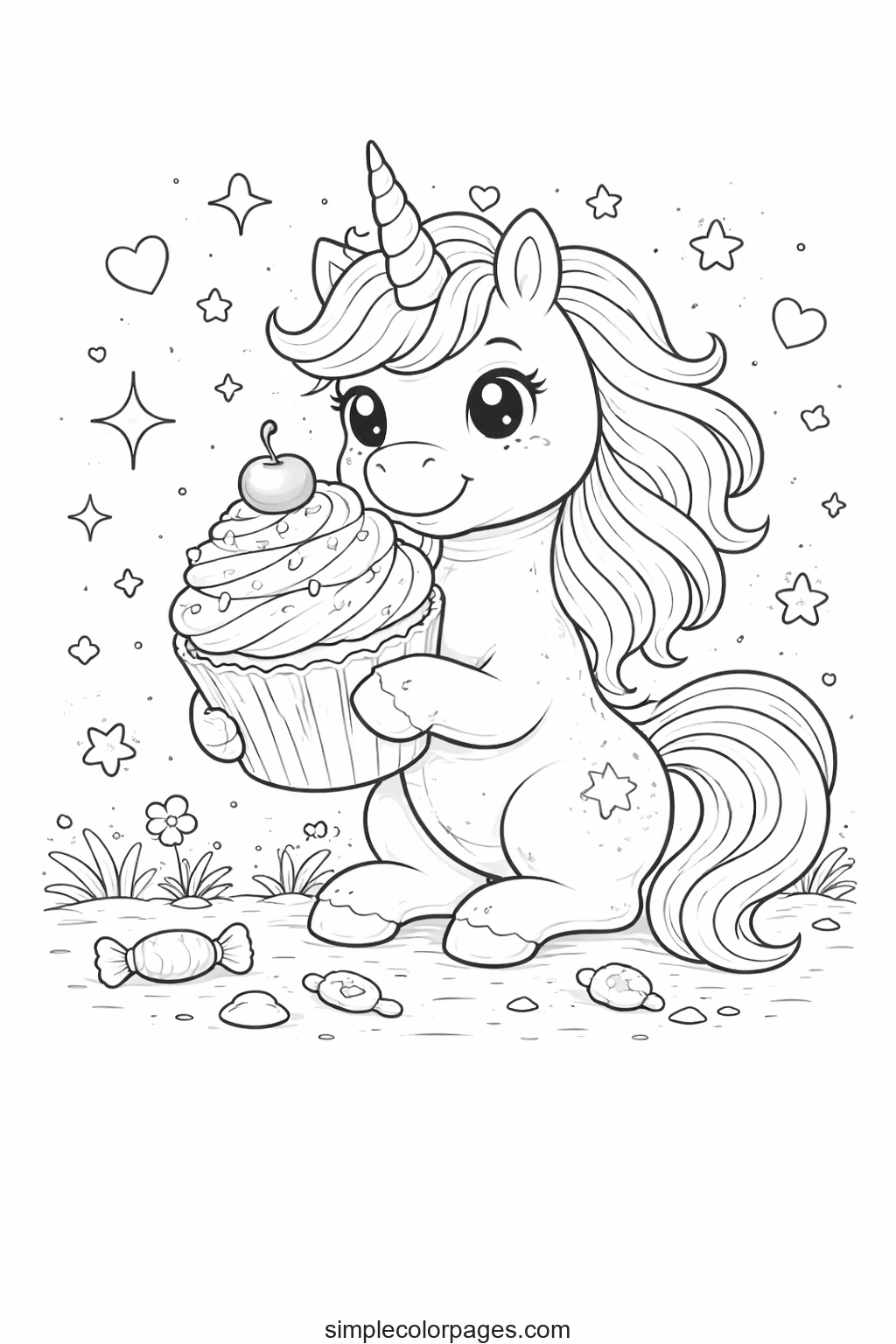 Preview of Unicorn Cupcake Coloring Page
