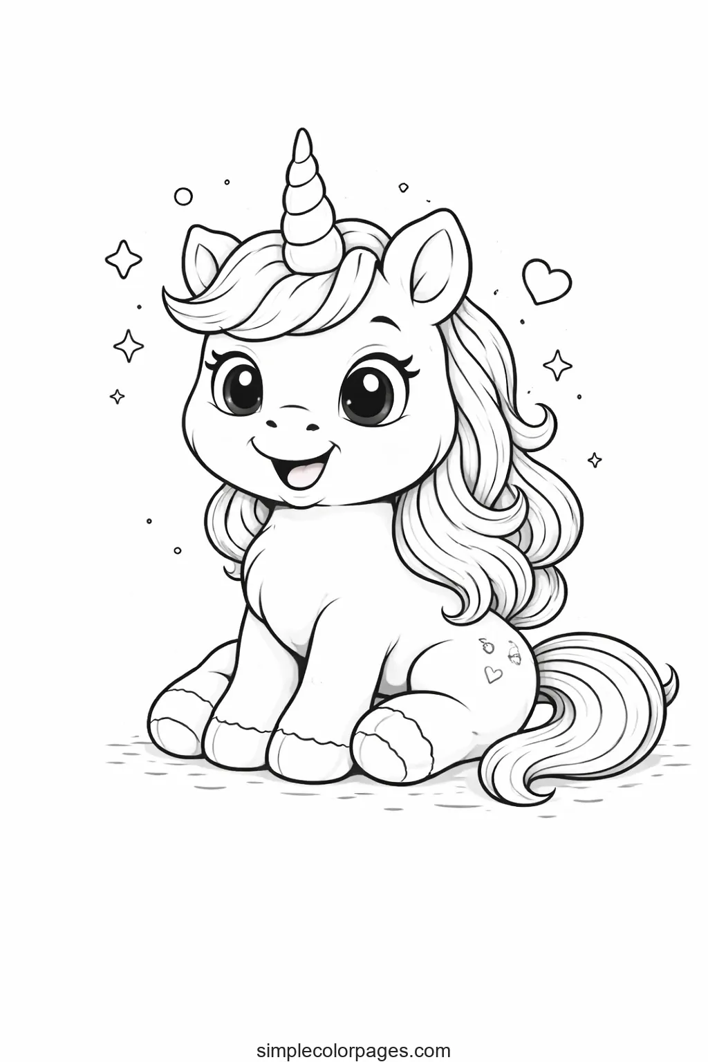 Preview of Cute Sitting Unicorn Coloring Page