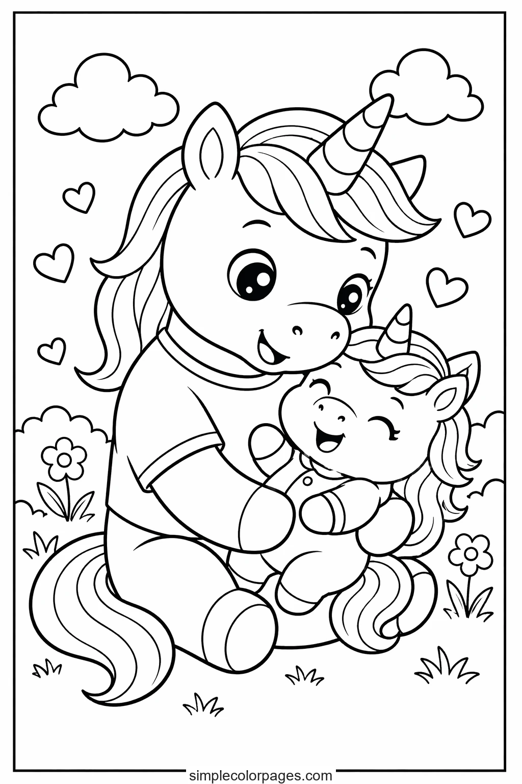 Preview of Unicorn Dad and Baby Coloring Page