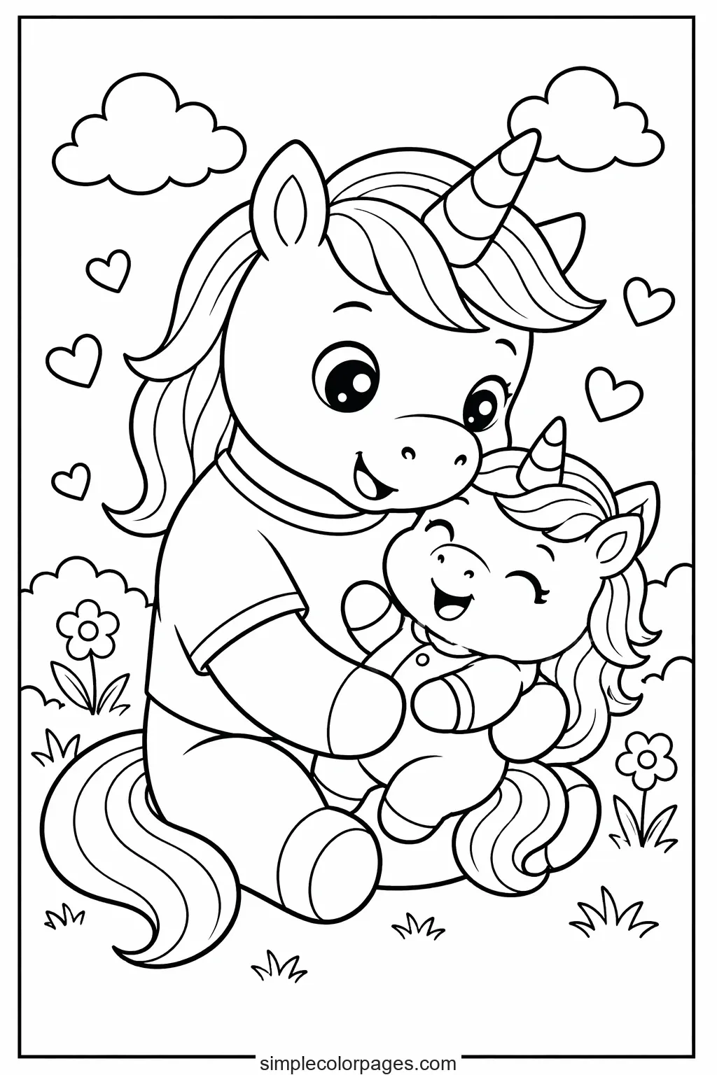 Preview of Unicorn Dad and Baby Coloring Page