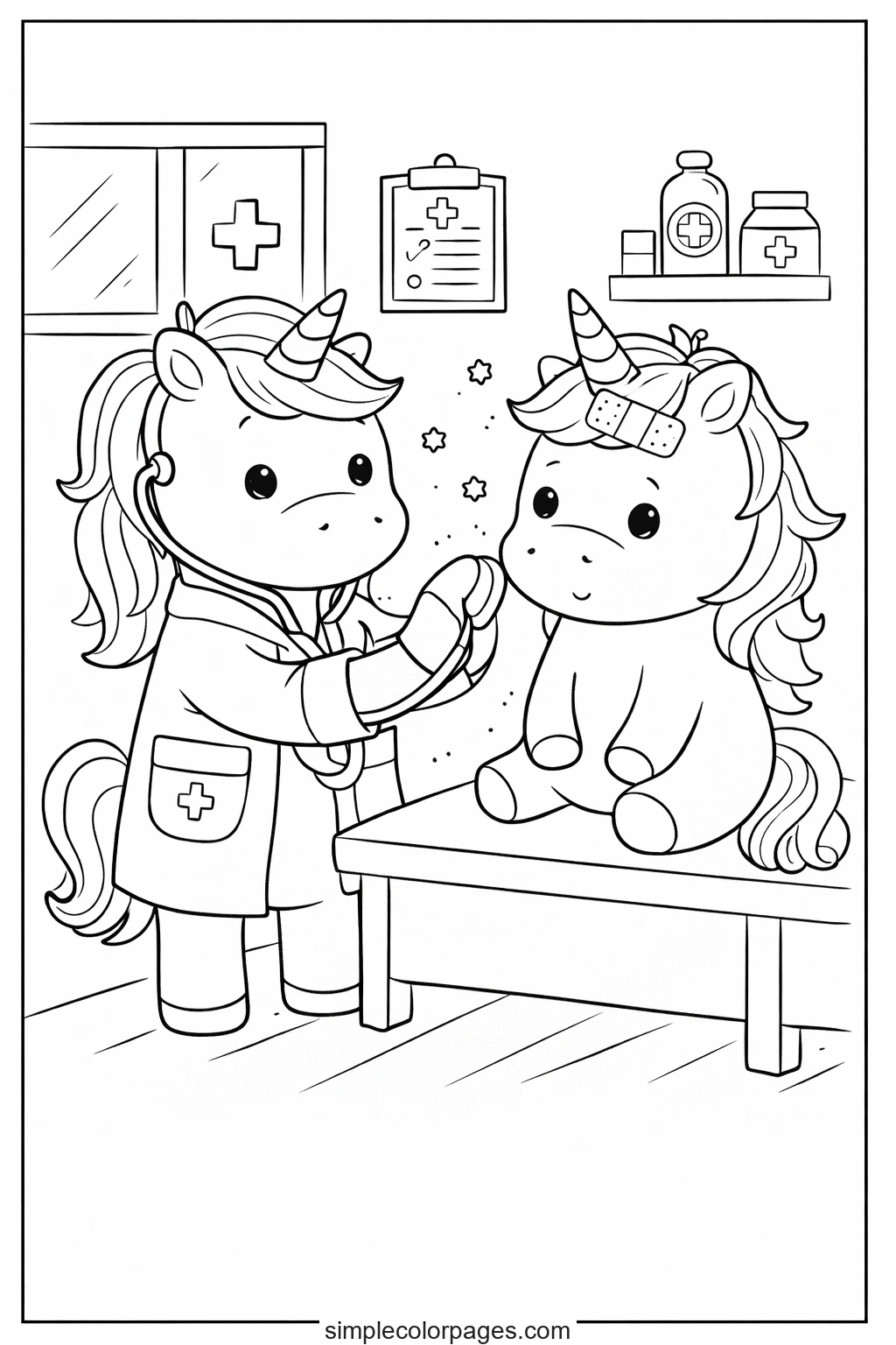 Preview of Unicorn Doctor Checkup Coloring Page