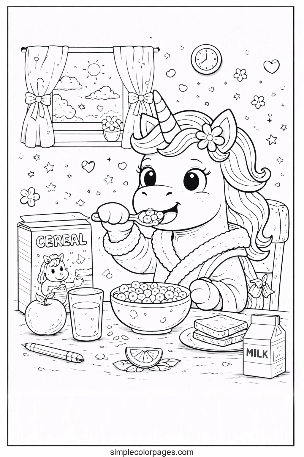Preview of Unicorn Eating Breakfast Coloring Page