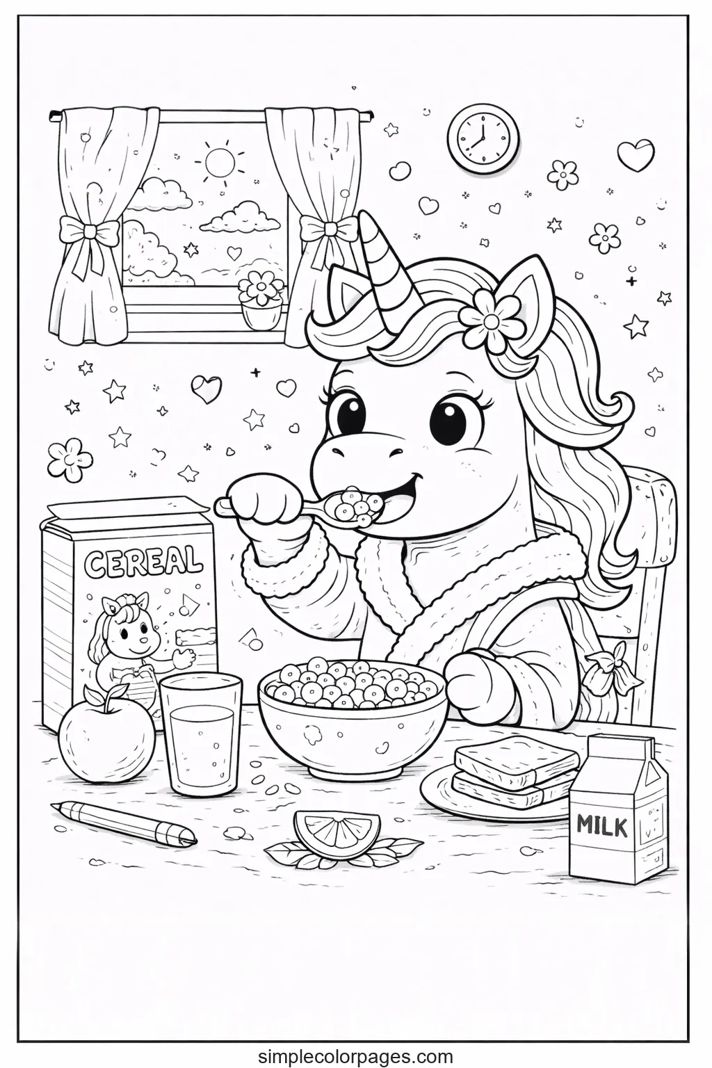Preview of Unicorn Eating Breakfast Coloring Page